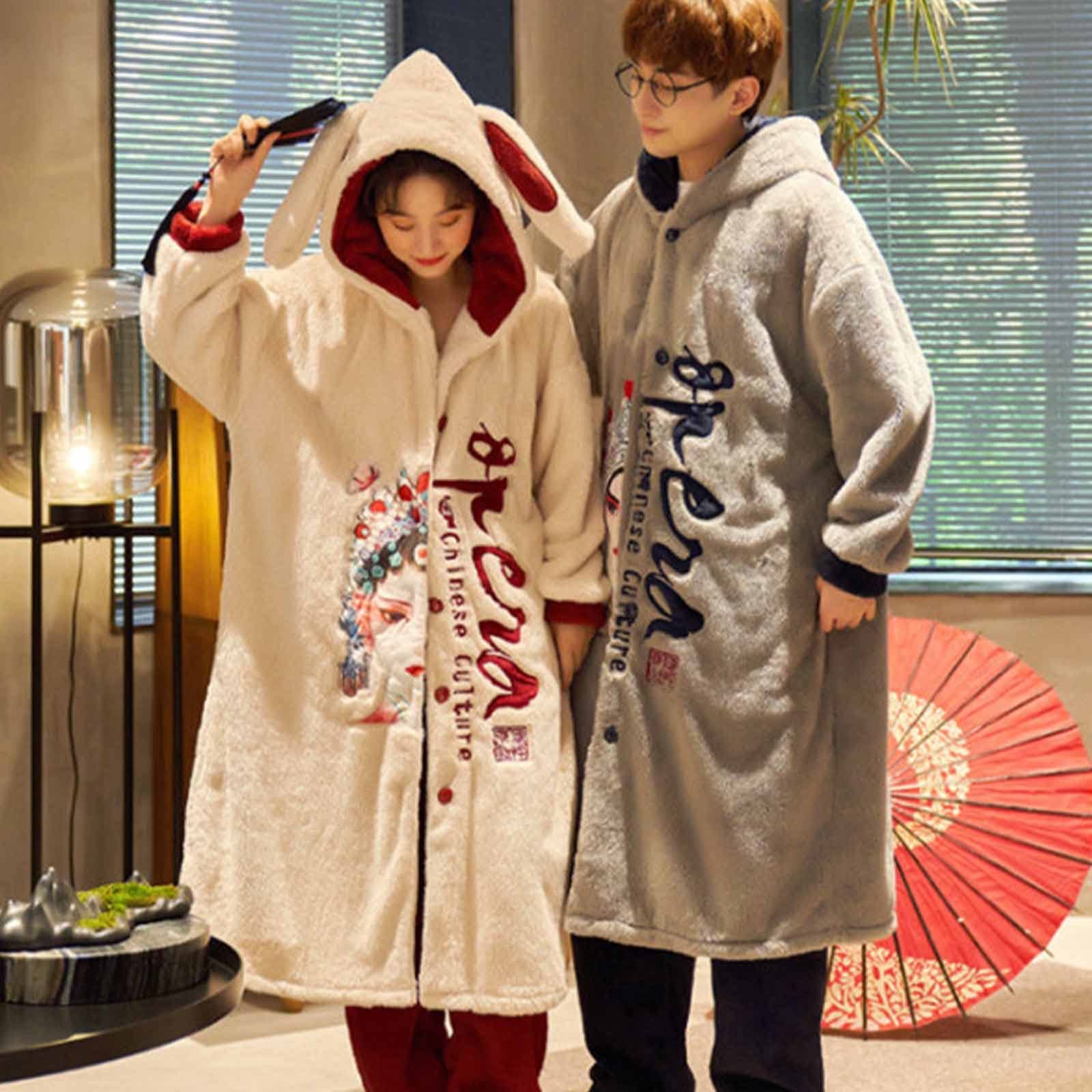 GHYUB Accappatoio Uomo Cappuccio, Accappatoi per Coppia, Pigiama di Flanella Invernale in 2 Pezzi, Accappatoio in Stile Cinese, Pigiama di Media Lunghezza con Cappuccio (Color : Woman Red, Size : 2L)