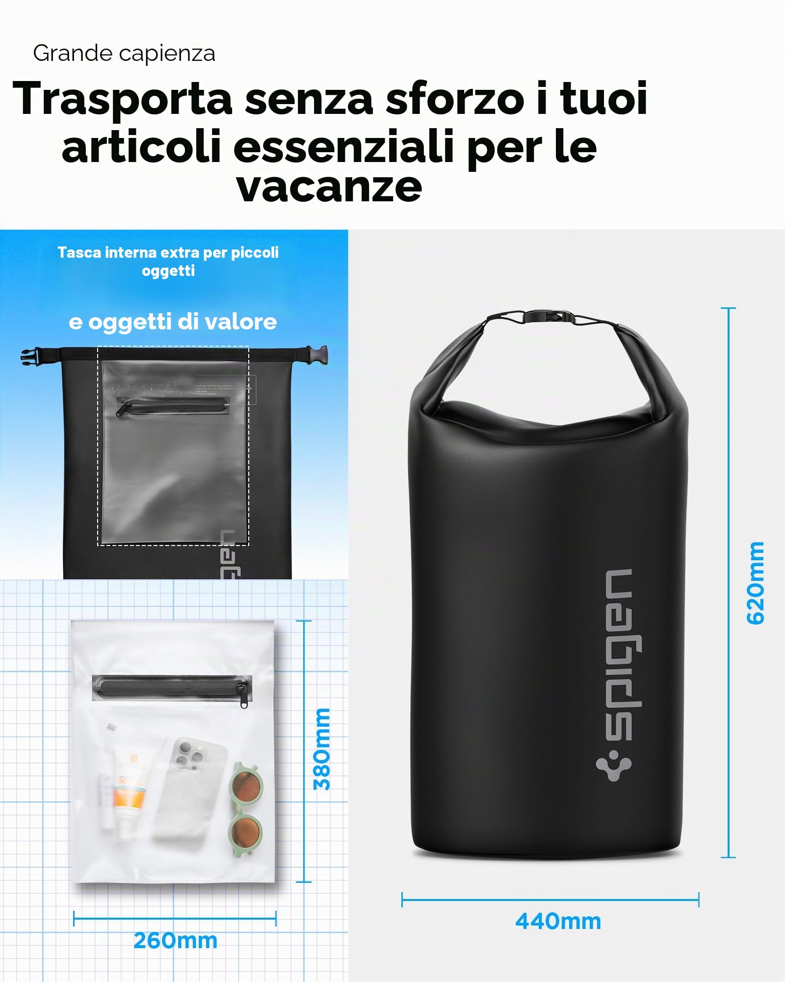 Spigen A631 Borsa Impermeabile IPX6 30L con Tasca | Nero, Borsa Impermeabile IPX6 30L, Tasca Interna, Cinghie Regolabili per Zaino o Tracolla. Roll-top