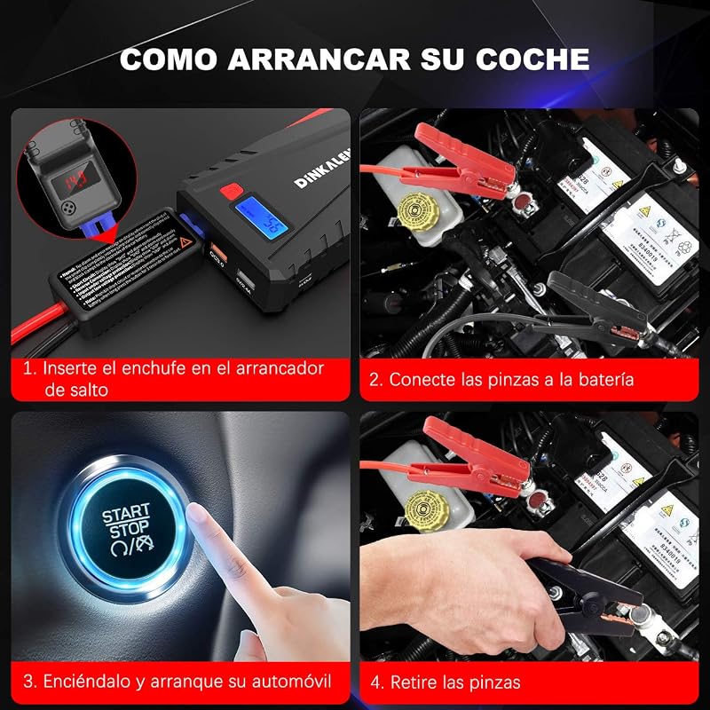 DINKALEN DN100 Hordozható Autós Bikázó 800A, Powerbank Funkcióval, 7.0L Benzin/5.5L Dízel Motorokhoz, LED Lámpával, Fekete-Piros