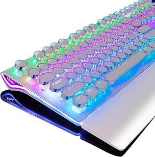 RK ROYAL KLUDGE S108 Typewriter Style Retro Mechanical Gaming Keyboard Wired with True RGB Backlit Collapsible Wrist Rest 108-Key Blue Switch Round Keycap - White