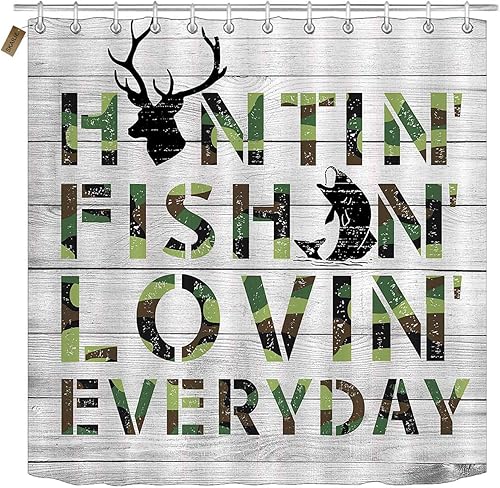 Miniatura 2 de SKAILIÉ Juego de 4 cortinas de ducha de camuflaje de pesca, tablero de madera blanco, cuernos de cabeza de ciervo, caza, vida silvestre, cabaña,