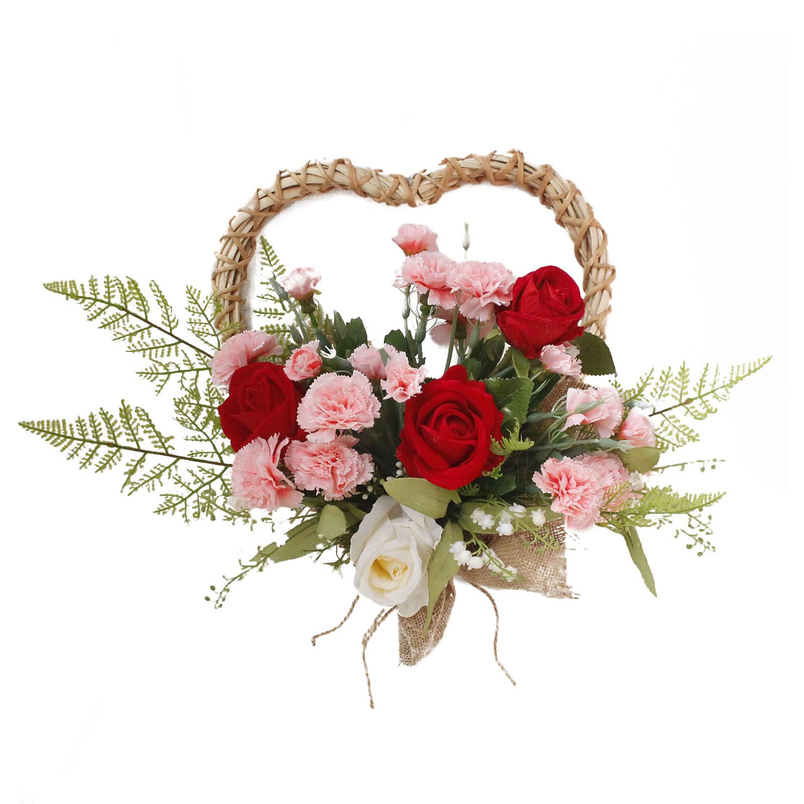 ZHDOKA Heart Shape Front Door Wreath, Artificial White Tulips/Red Roses Carnations Wreath with Green Leaves, Spring Summer Floral Wreath for Farmhouse Window Home Decor (Assorted)