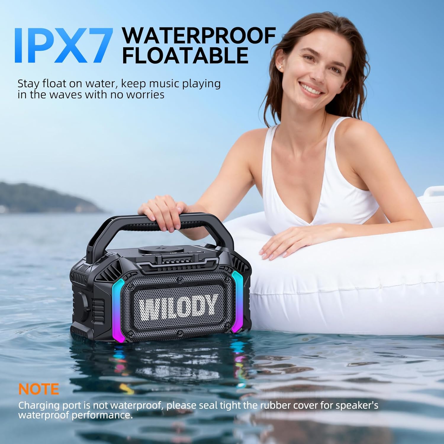 Wilody Speakers Bluetooth Wireless, 100W Loud Outdoor Speaker with Bass, IPX7 Waterproof Floatable, 20H Playtime, Wireless Charge, TWS, RGB Light, Portable Speaker for Work, Garage, Outdoor (Black) - Image 4