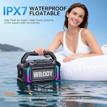 Wilody Speakers Bluetooth Wireless, 100W Loud Outdoor Speaker with Bass, IPX7 Waterproof Floatable, 20H Playtime, Wireless Charge, TWS, RGB Light, Portable Speaker for Work, Garage, Outdoor (Black)