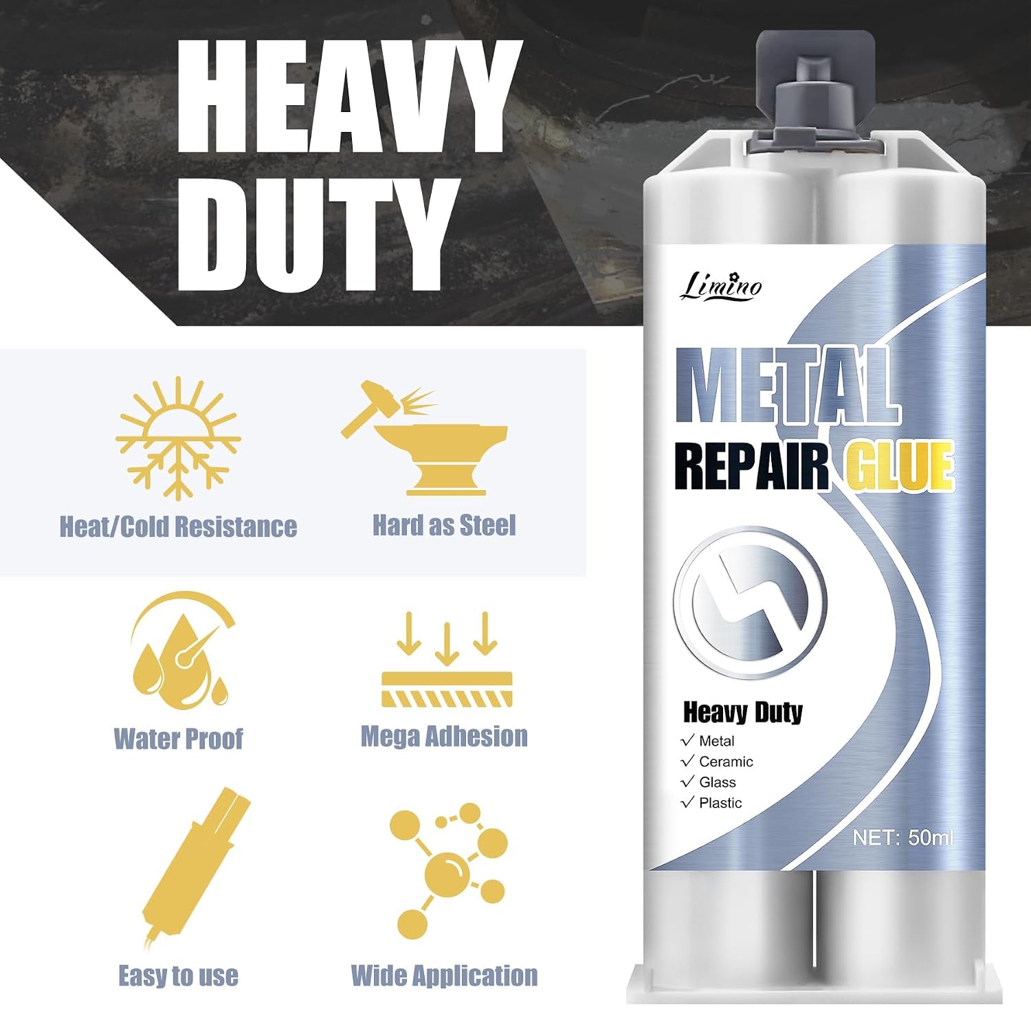 Metal Glue - 2 Part Epoxy Heavy Duty Welding Glue for Bonding and Repairing the Crack Leaking Stainless Steel, Ceramics, Plastic, Metallic Alloys - Super Liquid Metal Filler, Heat-Resistant - 3.5oz