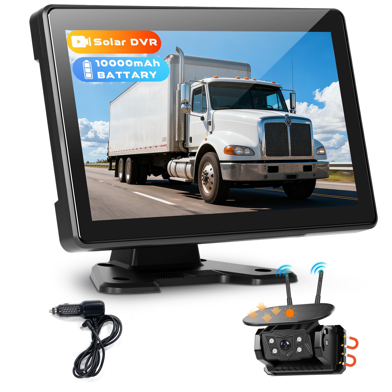 Hodozzy Inalámbrica Camara de Marcha Atrás Solar, Monitor con Pantalla Táctil IPS de 10,1 Pulgadas con Grabación, Cámara de Visión con Aviso Punto Ciego, Resistente al Agua, Visión Nocturna, Tipo C