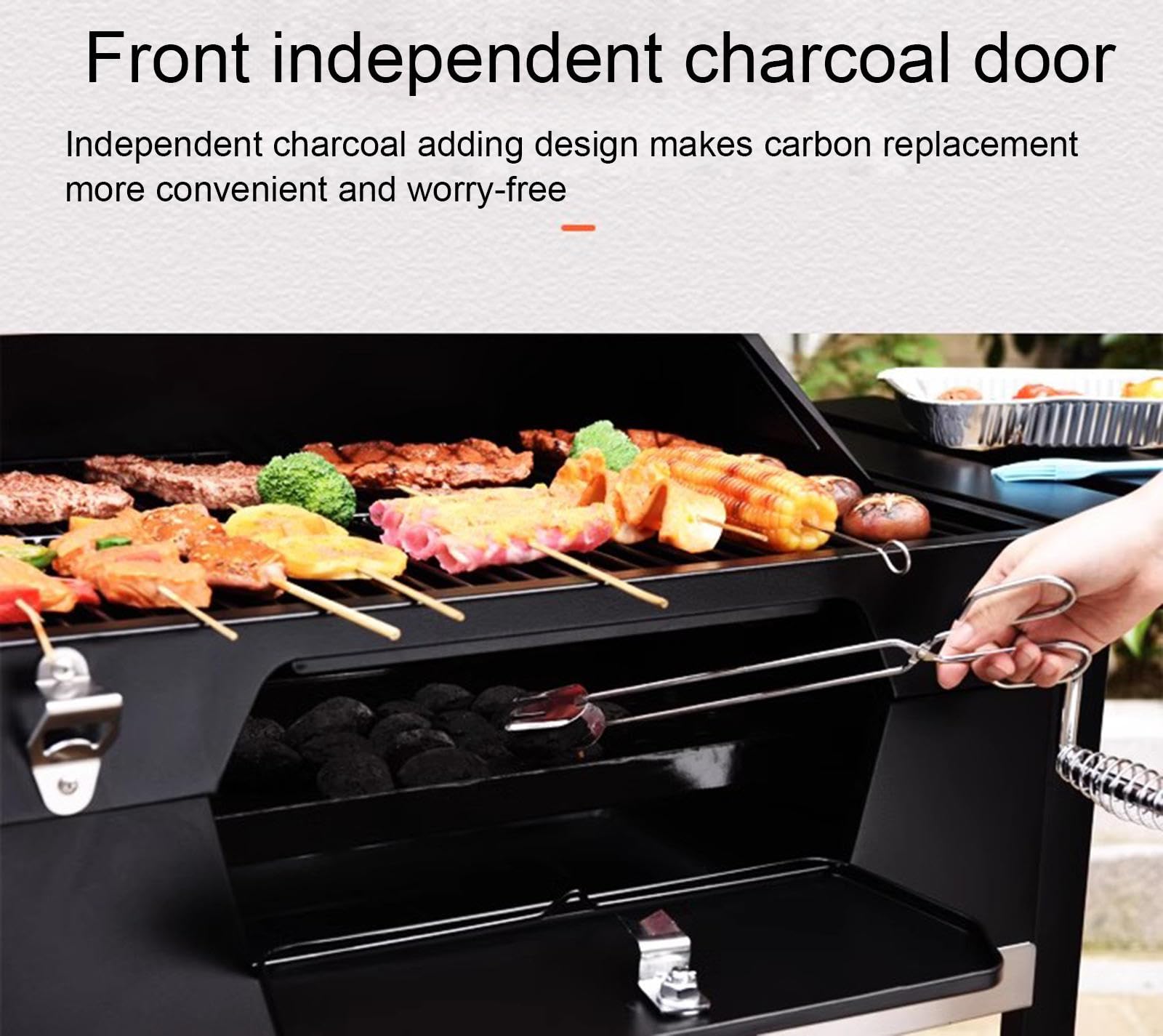 Parrilla Para Exteriores, Carrito Grande Para Barbacoa de Carbón, Parrilla Ahumadora Para Jardín y Patio Trasero con Soporte, Mesa Auxiliar con Ruedas, Termómetro Incorporado