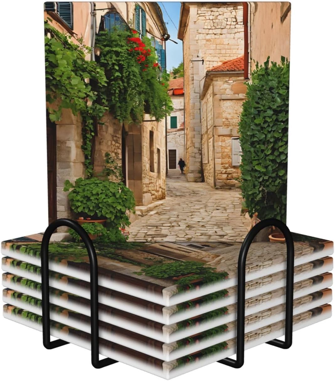 (Italy Tuscan) Ceramic Coasters Set of 6 with Holder Non-Slip Square Coffee Coasters for for Cup Mug Drink Patio Coffee Table Decor, Christmas Coasters Home Bar Supplies