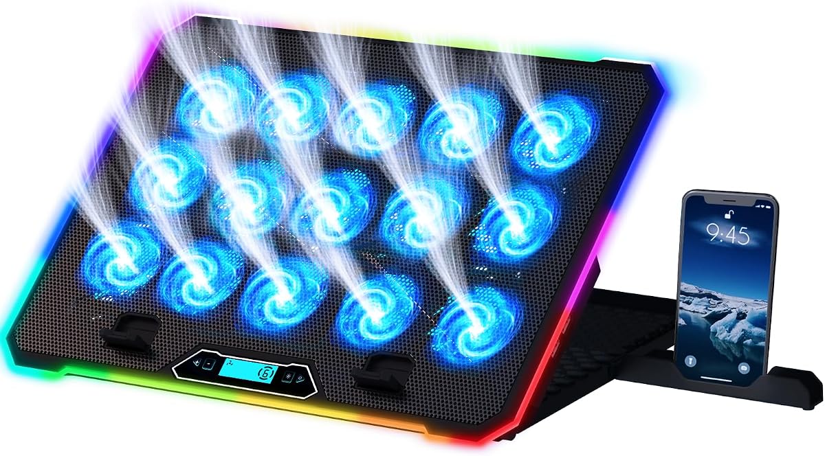 Almohadilla de enfriamiento para computadora portátil para juegos V15 con 15 ventiladores + Enfriador para computadora portátil RGB + Soporte ajustable para computadora portátil para juegos con ventilador + Compatible hasta 17 pulgadas + 2 puertos USB + Soporte para teléfono inteligente + 5 años de protección