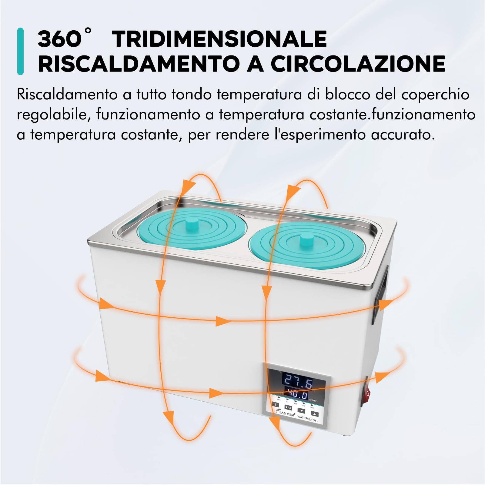 LAB FISH Bagnomaria da Laboratorio Termostatico Bagno d'acqua 6L, 600W - Doppia Apertura, Acciaio Inox - Termostato di Precisione ±0,1°C - Timer 0-999min - Display LED