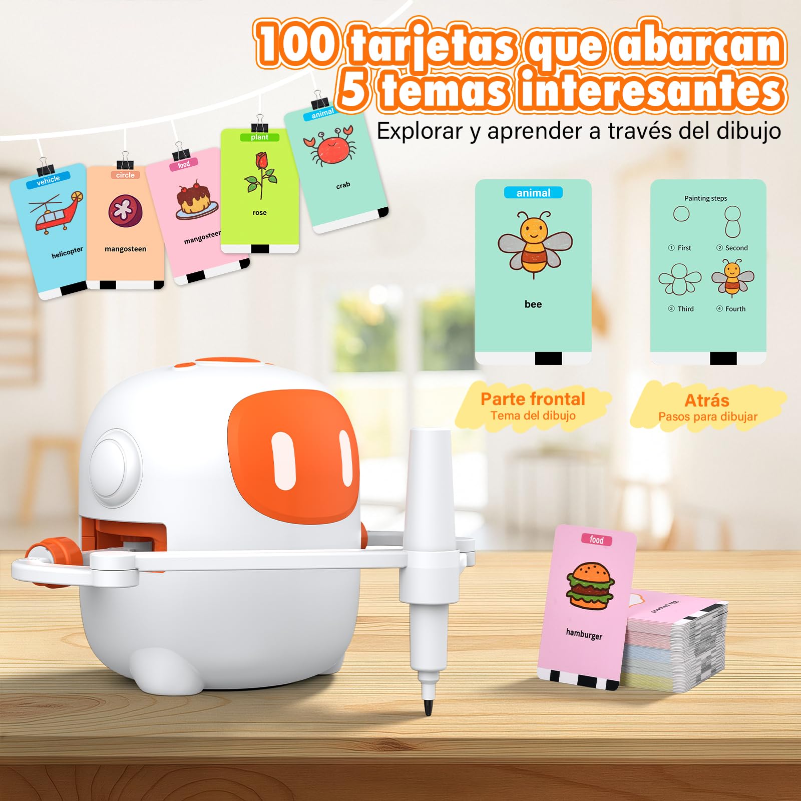 Robot de Dibujo Infantil con 100 Tarjetas y 12 Rotuladores, Juguete con Interacción por Voz Que Fomenta Concentración y Paciencia, Regalo Ideal para Niños Mayores de 3 Años, Blanco