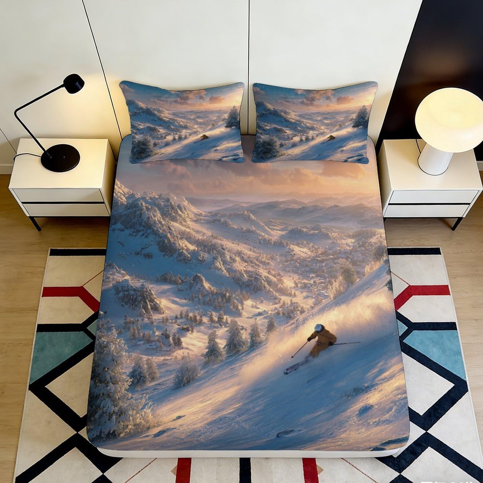 3D Printed Mountain Ski Fitted Sheet Microfiber Durable Landscape Mattress Cover Bedroom Decor Dust Protection 90x200x25cm