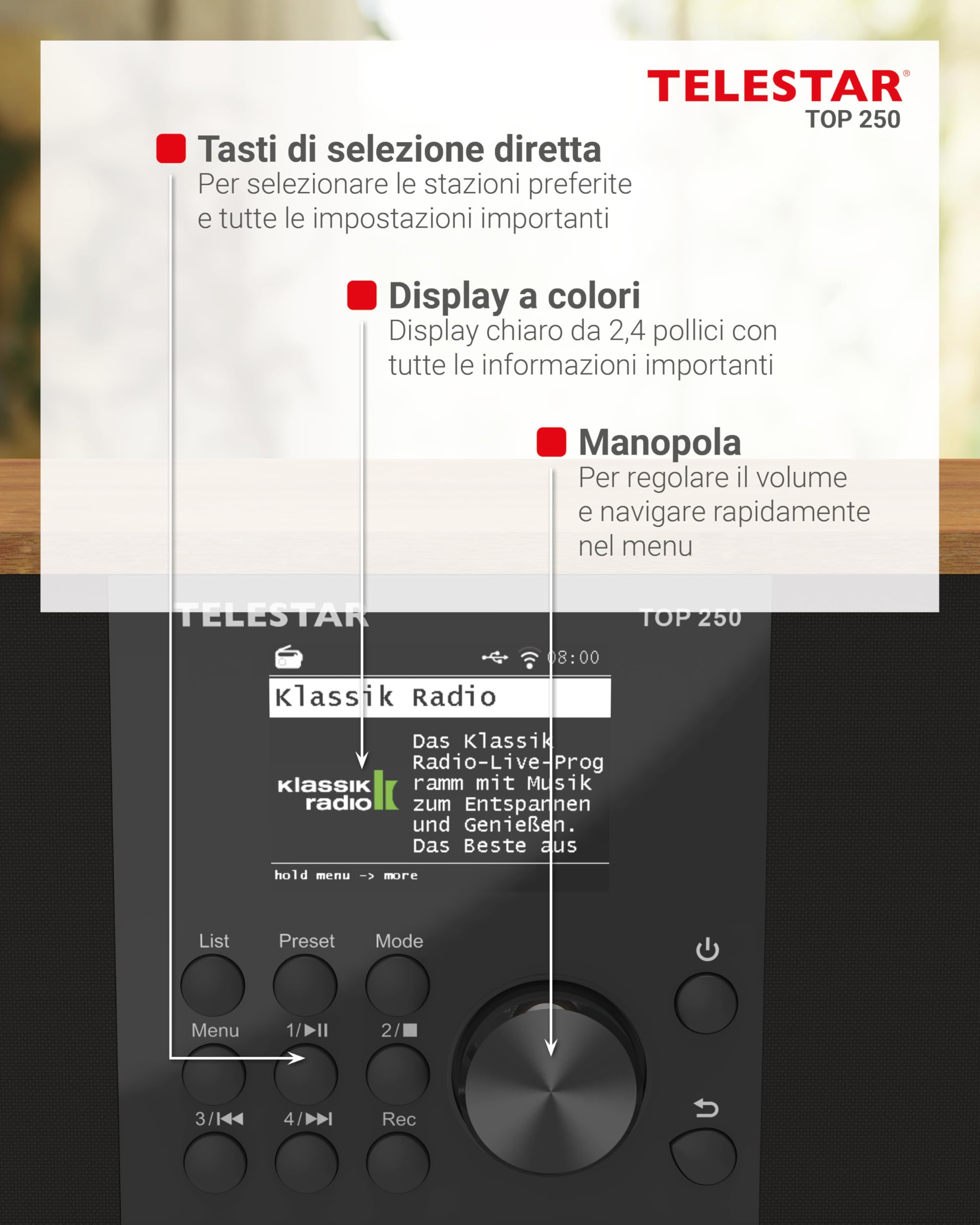 TELESTAR TOP 250 Radio DAB+ Internet Bluetooth Audio-Streaming 2x10W USB registrazione Legno