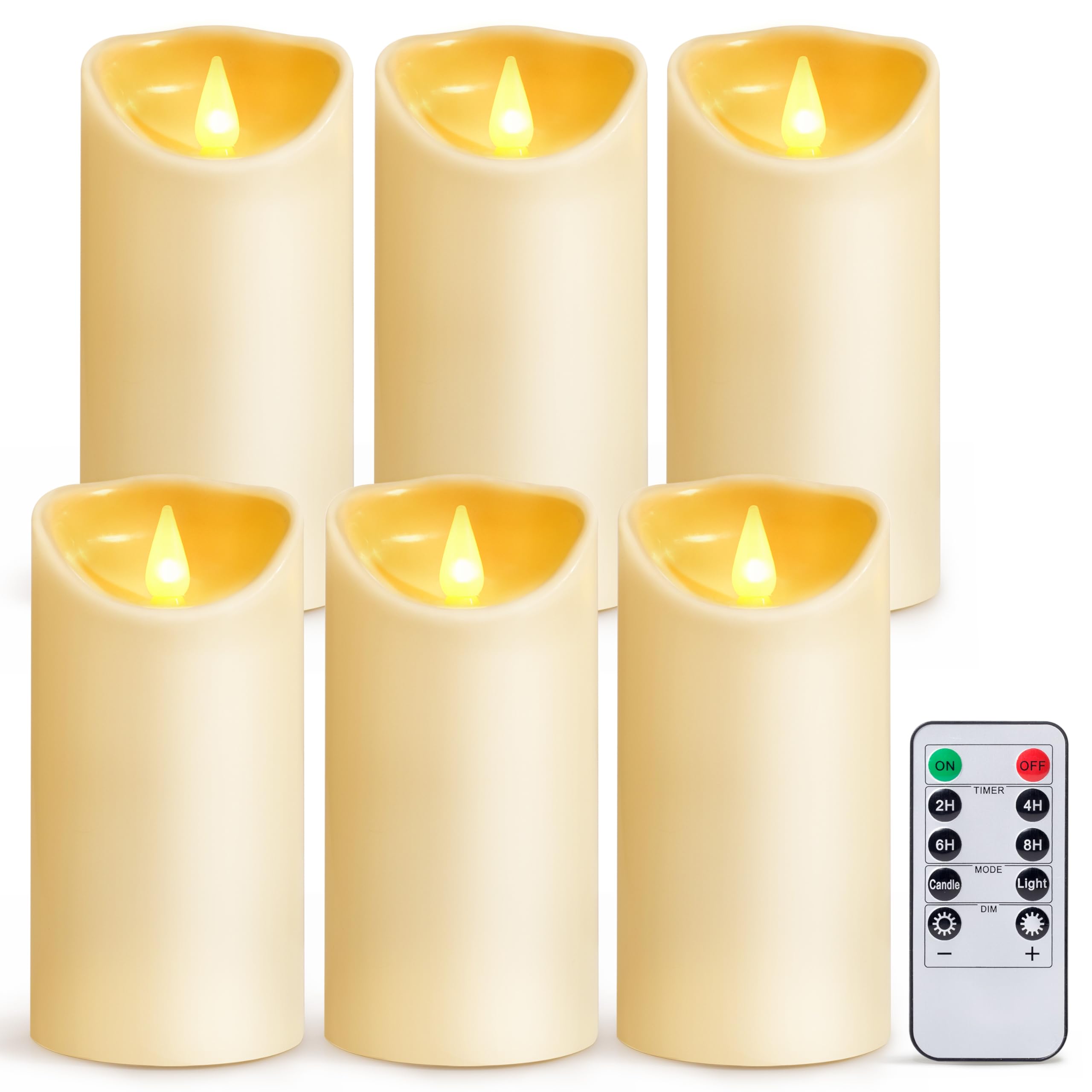 LED Candles Flameless Battery Operated-6"x3" Set of 6 Artificial Electric Candle with Remote and Timer Plastic Pillar Electronic Flickering Light for Wedding Party Birthday Christmas Ivory AuroraWave