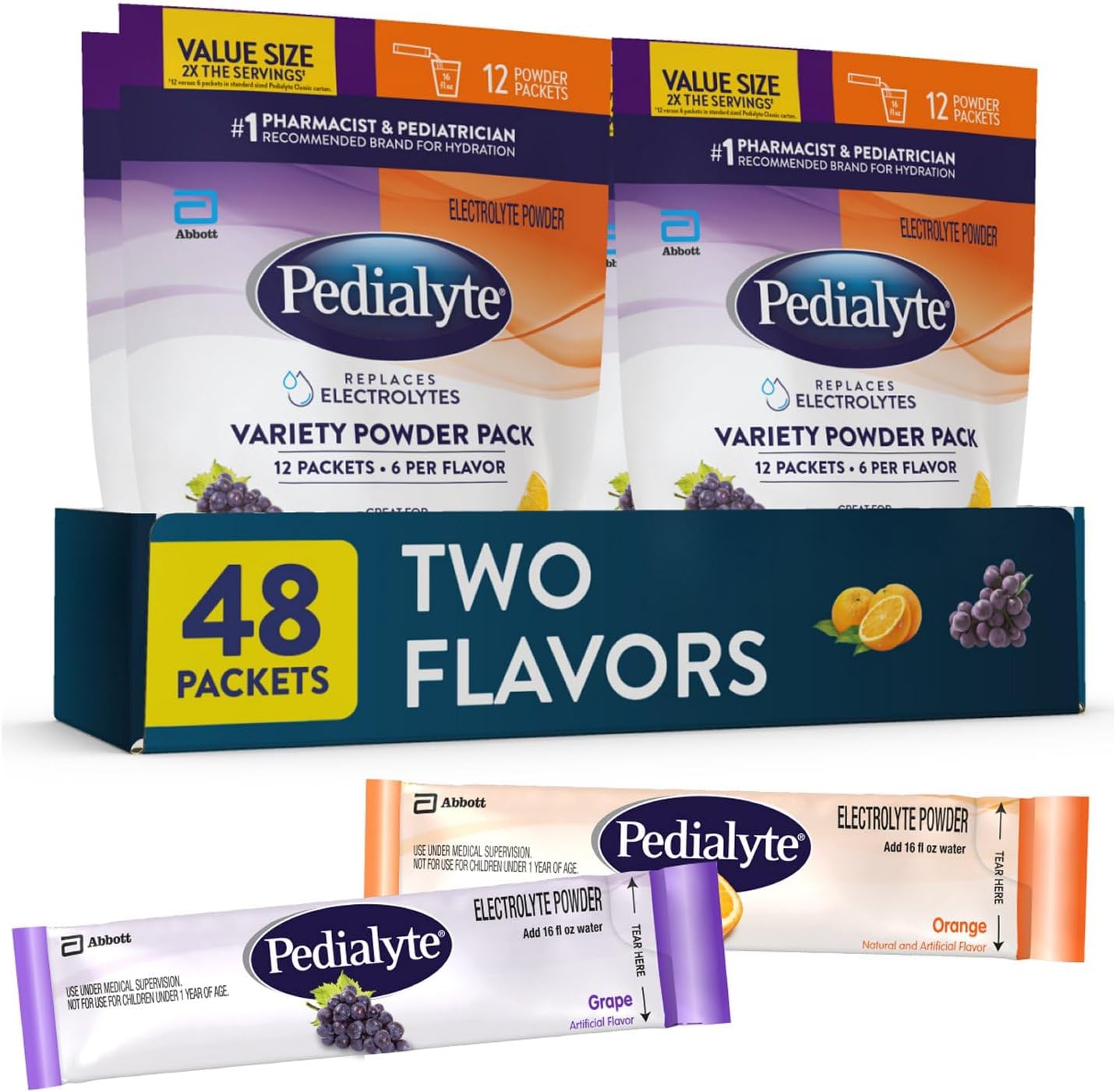 Pedialyte Electrolyte Powder, Hydration Drink for Kids & Adults, Variety Pouch: Grape and Orange, 48 Powder Packets