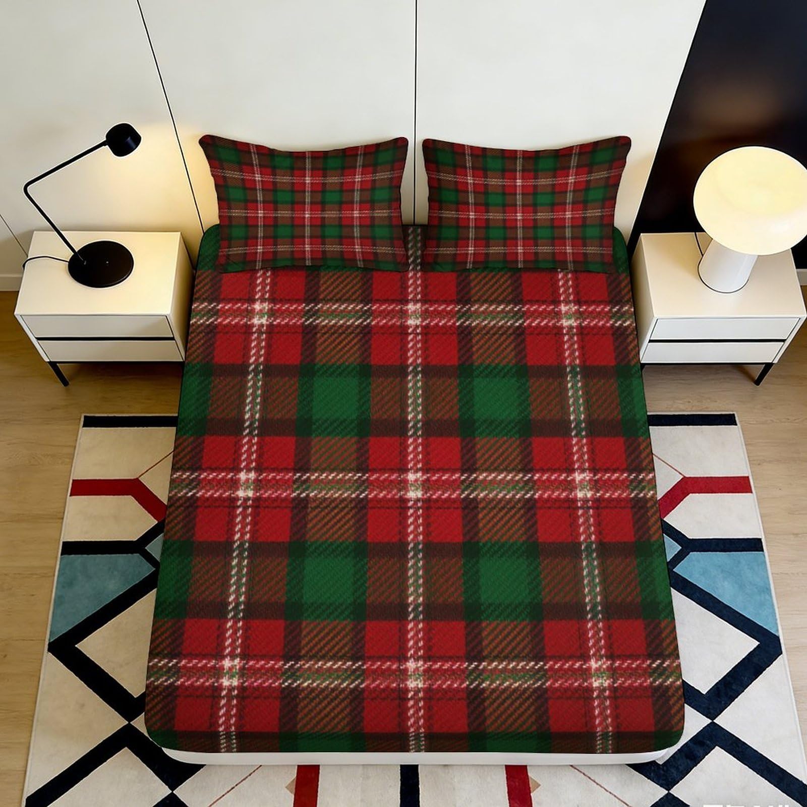 3D Printed Red Green Tartan Fitted Sheet Microfiber Soft Plaid Mattress Cover Anti-Slip Bedroom Dorm Protection Decor 120x200x25cm