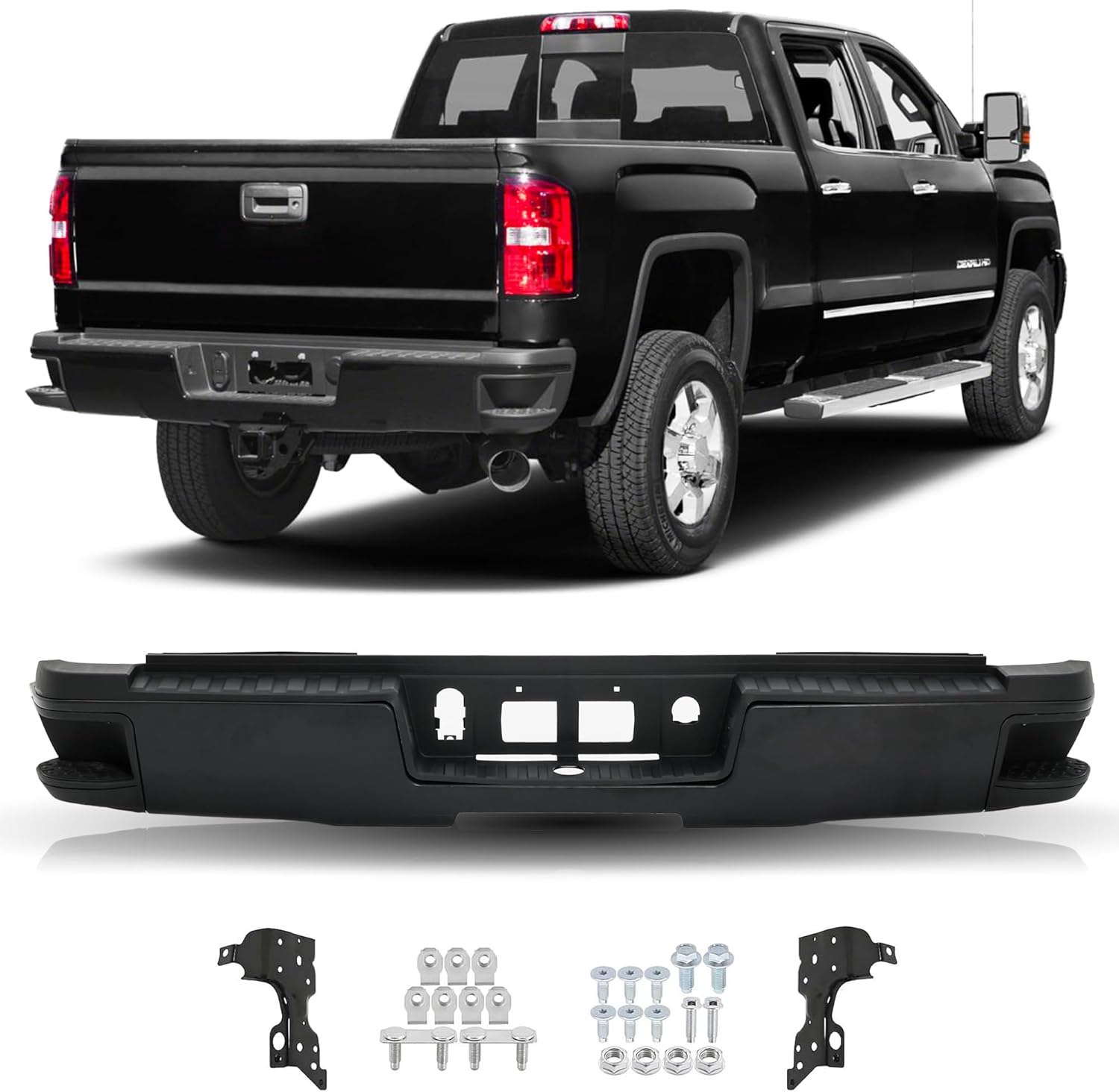 Rear Bumper Assembly Compatible with 2015-2019 Chevy Silverado 2500HD 3500HD, 15-19 GMC Sierra 2500HD 3500HD Back Bumper Without Sensor Holes