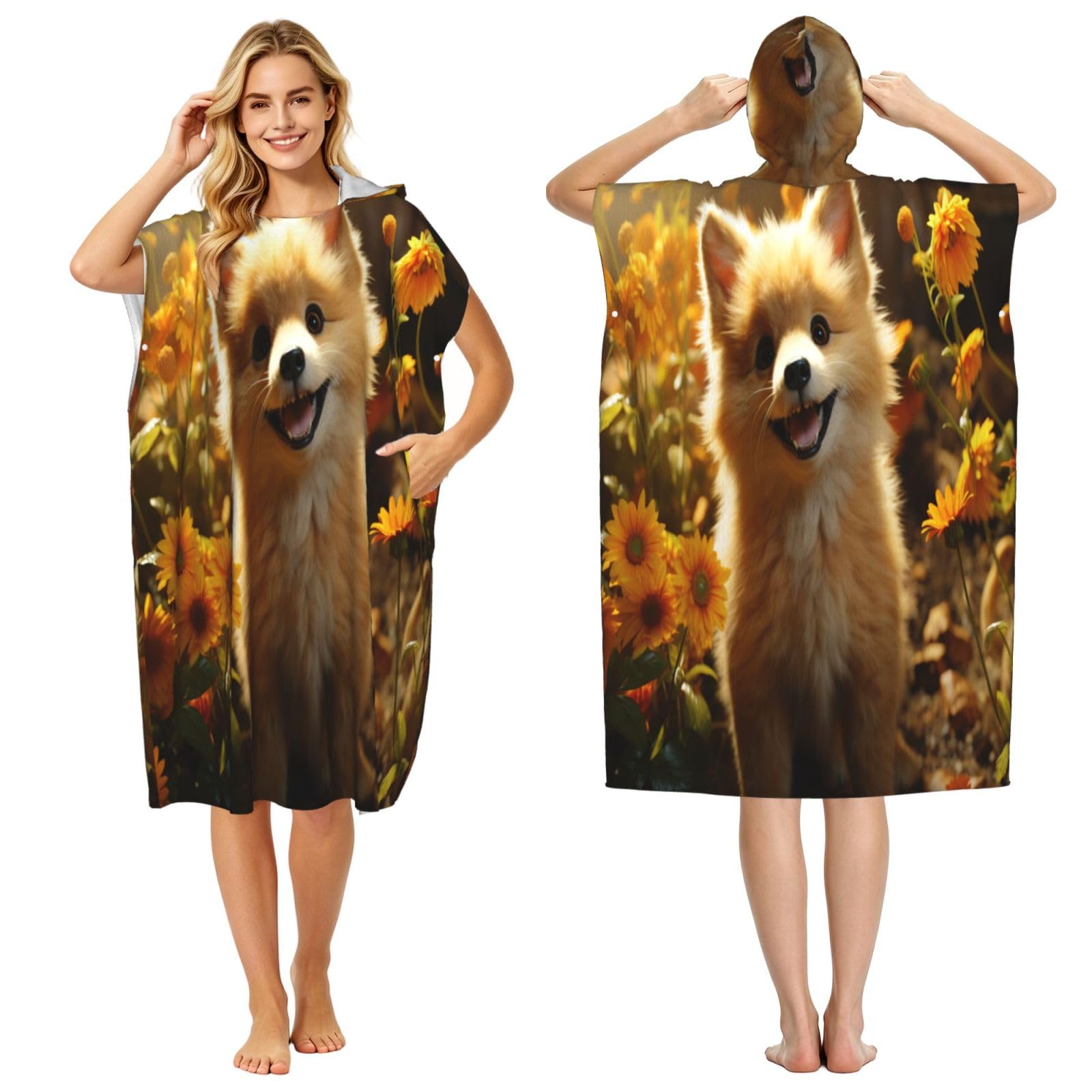 DTHKJNLSF Sunflower And Puppy Adult Hooded Beach Poncho Towel