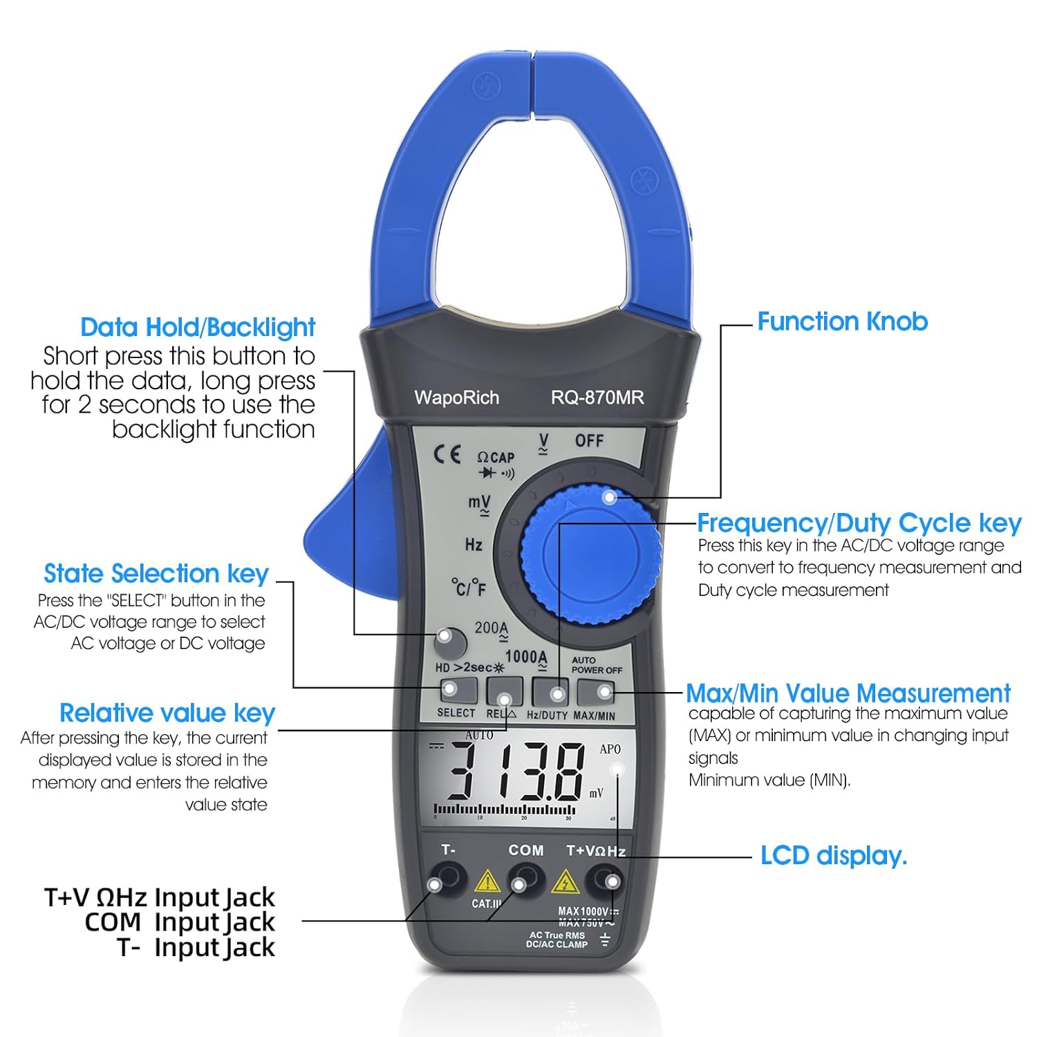 Clamp Multimeter TRMS Auto-Ranging, 4000 Counts AC/DC Voltage Current Meter, Temp Frequency Capacitance Diode Continuity Tester Backlit(RQ-870MR)
