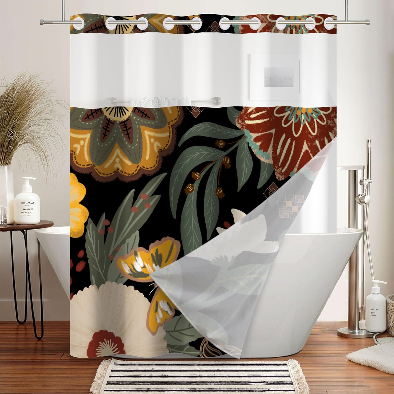 No Hook Boho Shower Curtain with Snap in Liner - Butterfly and Floral Design, Waterproof Fabric Breathable Mesh Top Bath Tub Curtain for Modren Bathroom, Hotel Decor, 71x74inch