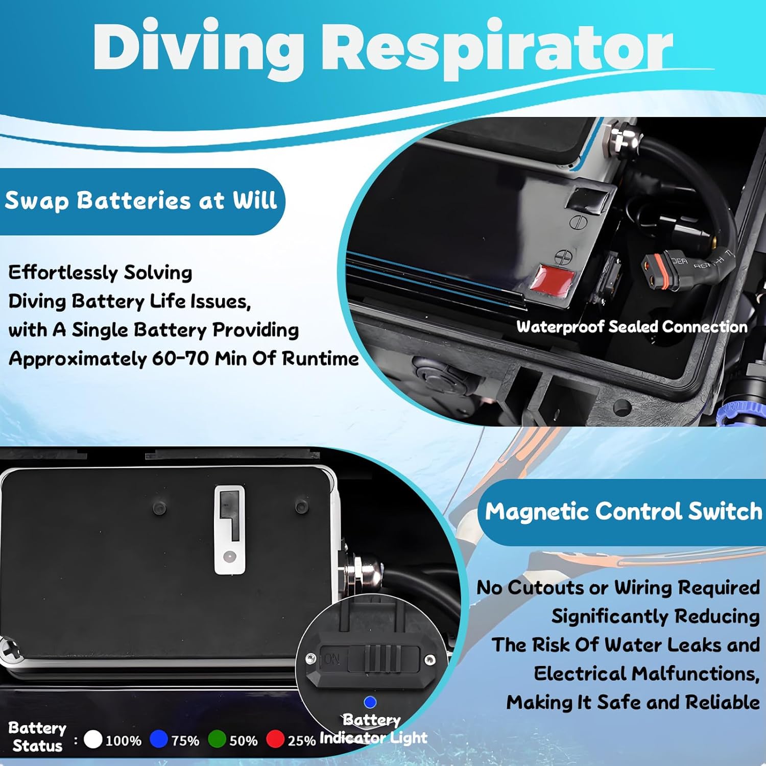 Electric Diving Respirator, Portable Diving Rebreather, Electric Underwater Breathing Apparatus, Lightweight Tankless Design, for Diving and Fishing. Red-1Battery