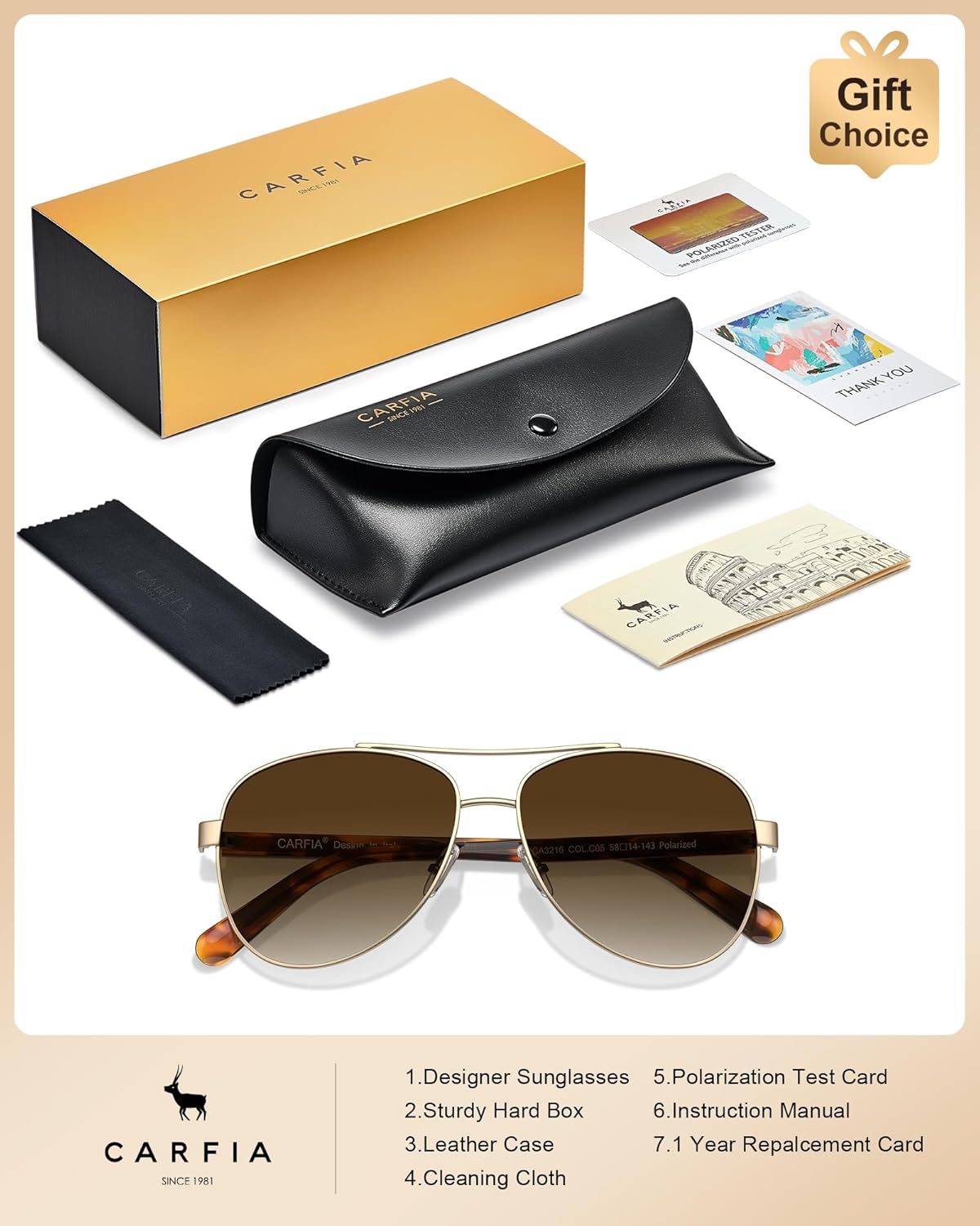 CARFIA Polarized Sunglasses for Women – Acetate Arms, UV400, Lightweight & Flattering Fit CA3216