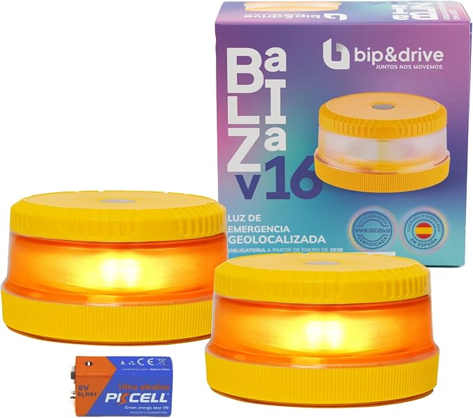 Baliza V16 Homologada DGT con Geolocalización | Luz de Emergencia Coche LED 360° 1km | Conectada DGT 3.0 | Resistente a la Lluvia | Indicador de Batería y Base Imantada | Bip&Drive (Pack x2)