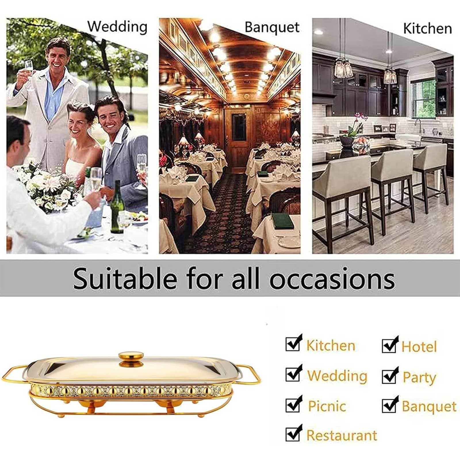 Chafing Dish in acciaio inox per buffet, set completo per buffet con vaschetta per l'acqua, vaschetta per il cibo, contenitore per combustibile e coperchio per buffet, matrimoni, feste, oro-1,8 QT