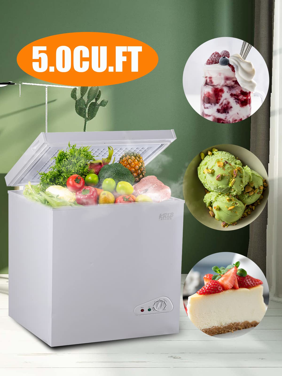 Krib Bling 5.0 Cu.Ft Chest Freezer with a Removable Basket, Deep Freezer with 7 Gears Temperature Control (-16F to -48F), for House, Kitchen, Garage, Basement, Shop, White on Fridge.com