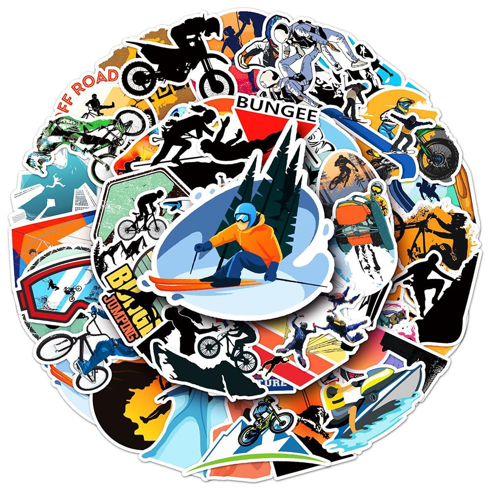 Trendy Extreme Sports Vinyl Stickers, 50 PCS Waterproof Sports Decals for Laptops Scrapbooking, Journals, Notebooks