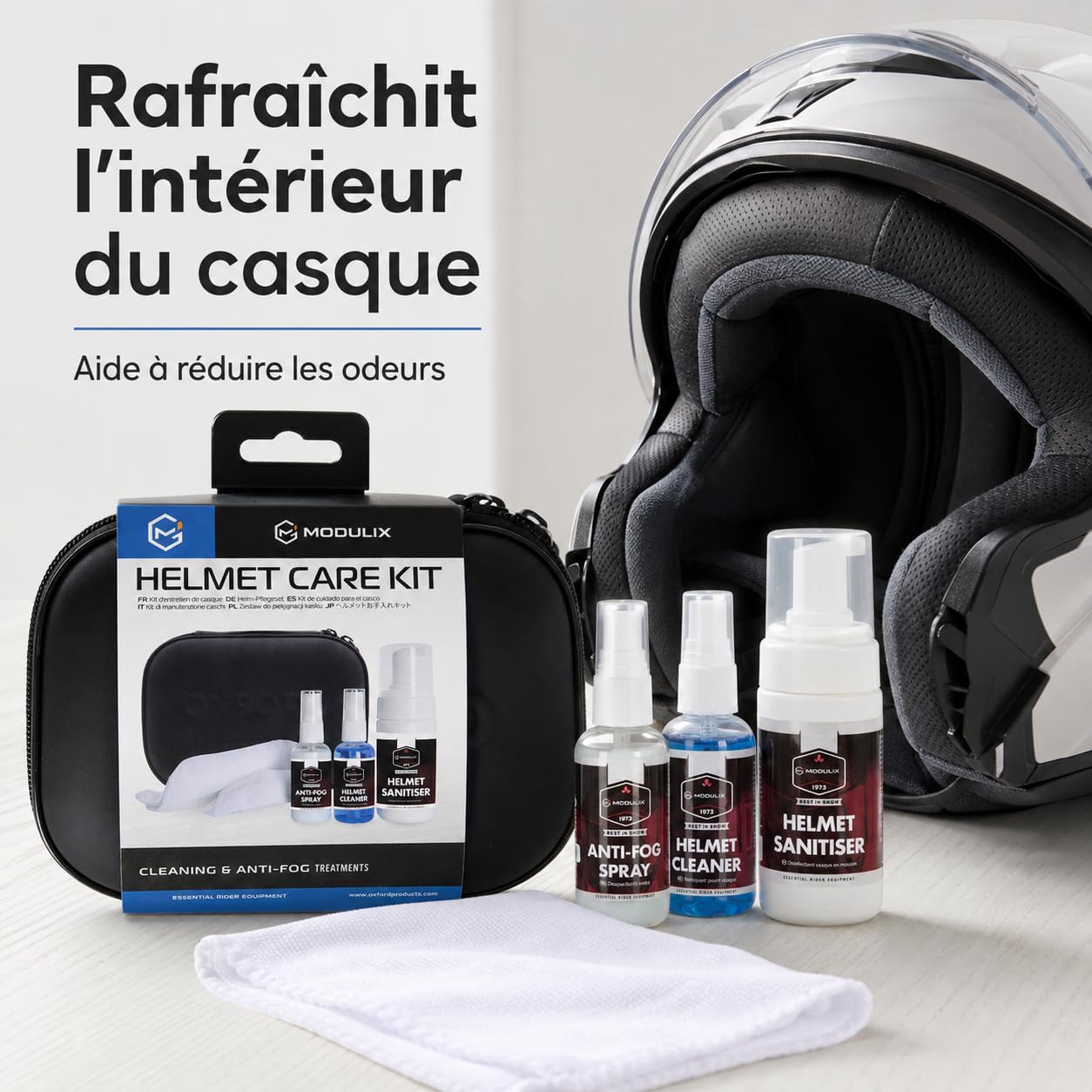 Kit Entretien Casque Moto et Scooter, 3 Sprays Nettoyant Intérieur, Nettoyant Visière et Anti-Buée, Désinfectant Casque 100 ml, Spray Visière 50 ml, Chiffon Microfibre et Trousse Compacte