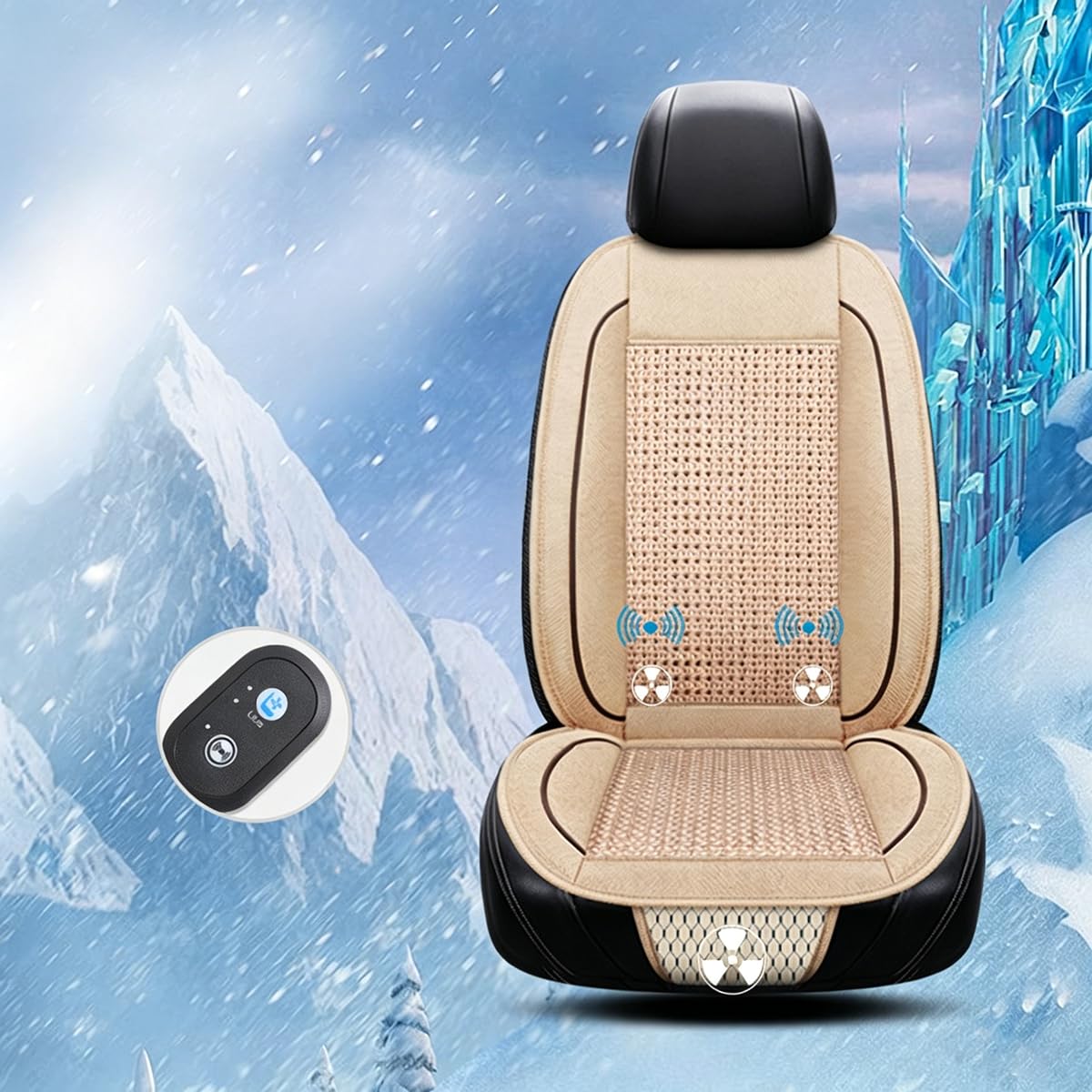 DAYISS Coprisedile Climatizzato in Seta Ghiacciata con Funzione ventilazione e raffreddamento Rinfrescante per l'Estate per auto 12/24 V (Beige, 3 Ventole + Massaggio)