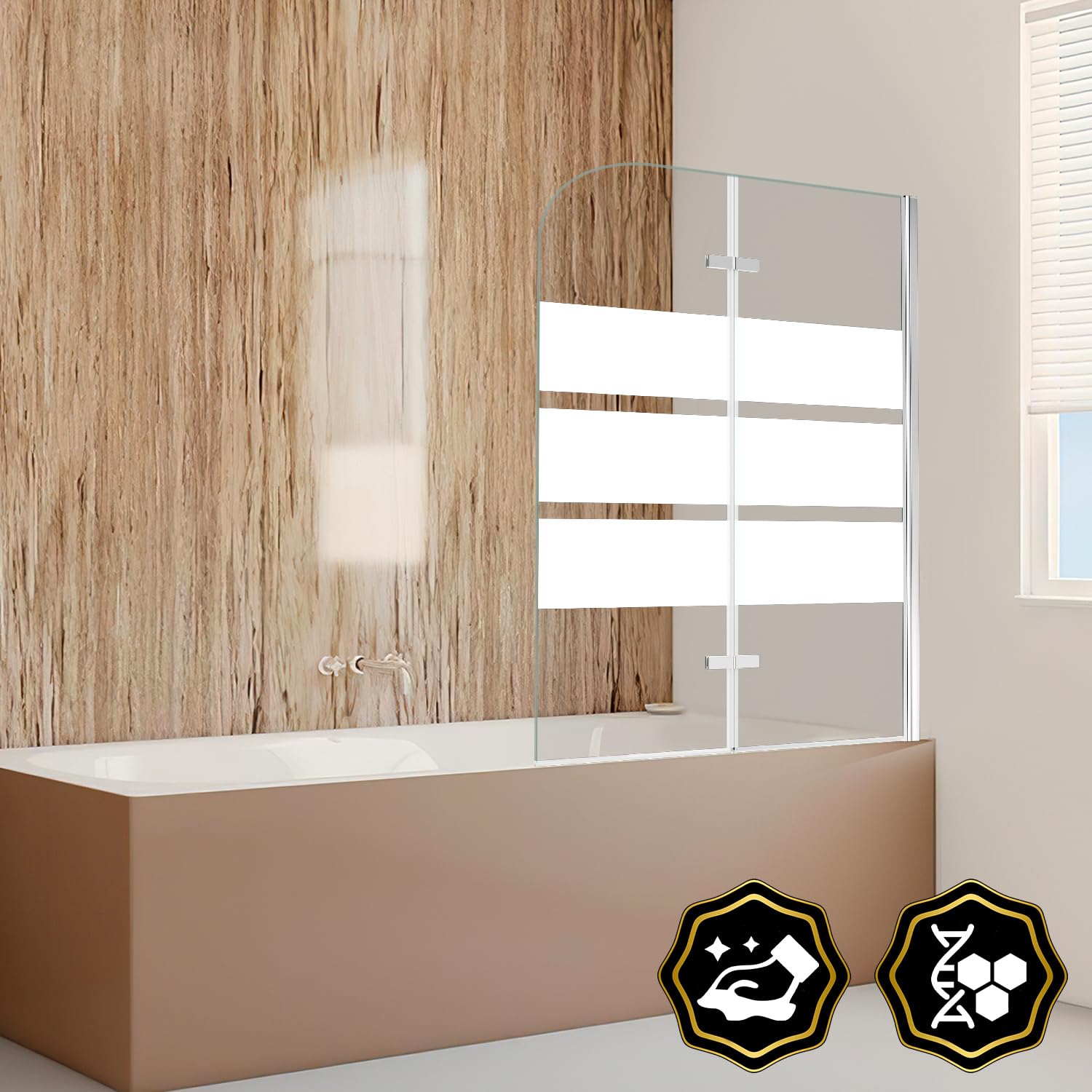 Parete doccia per vasca da bagno, 100 x 140 cm, 2 pezzi, pieghevole, vetro di sicurezza ESG da 6 mm, inserto per vasca da bagno con strisce bianche, montabile a sinistra e a destra
