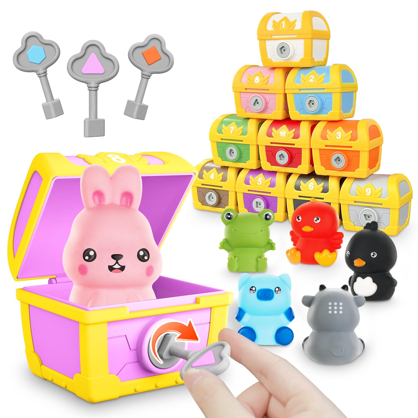 zeeloopbee Toddler Farm Animal Learning Toys, 10pcs Animals Finger Puppets Treasure Chests with Keys Lock, Colour Sorting Matching Game, Fine Motor Skills Toys for 3 4 5 Year Old