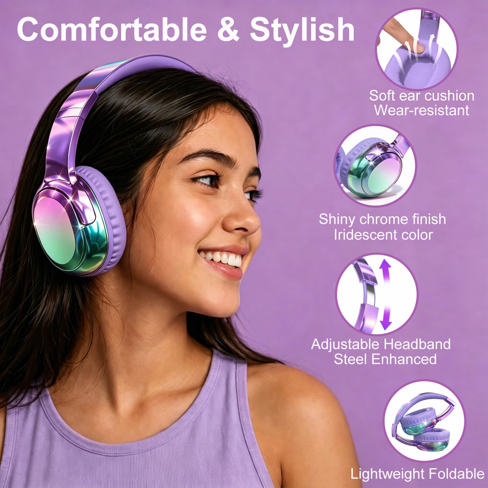 Joysico Auriculares Bluetooth para niños, adolescentes, niñas, mujeres, con micrófono, tiempo de reproducción de 55 horas, límite de volumen de 85/94 dB, cable auxiliar para uso escolar, viajes