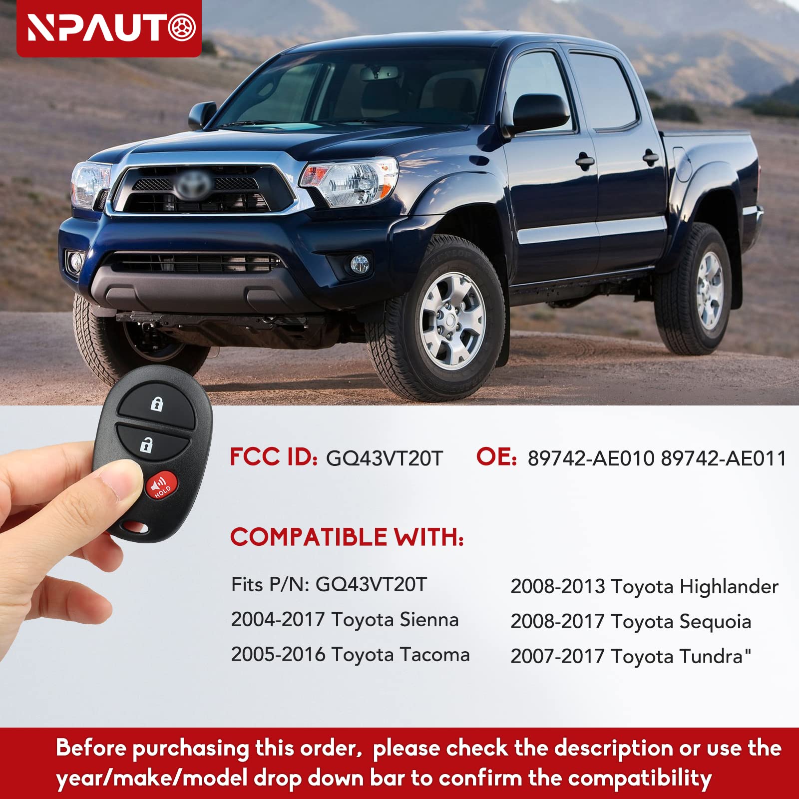 Key Fob Replacement Fits for Toyota Sienna 2004-2017, Tacoma 2005-2016, Tundra 2007-2017, Sequoia 2008-2017, Highlander 2008-2013, Keyless Entry Remote Control Car Keys, GQ43VT20T