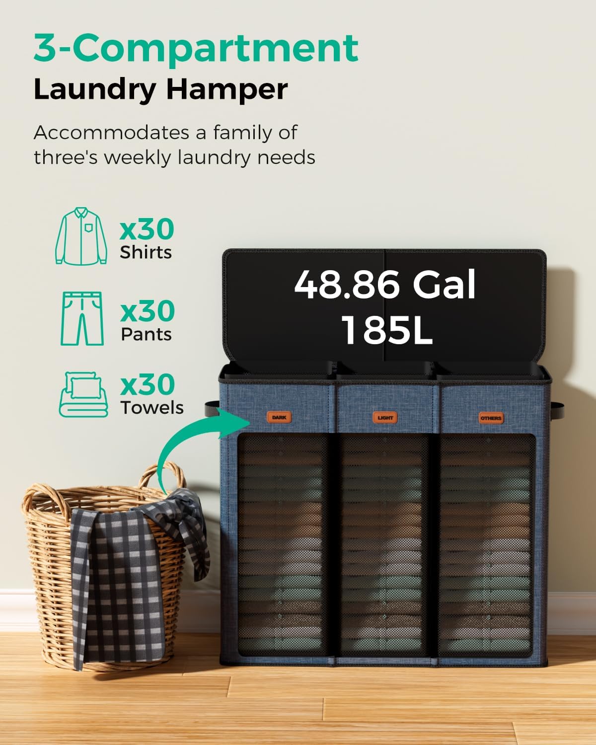 185L Laundry Hamper 3 Section with Lid & Removable Bags