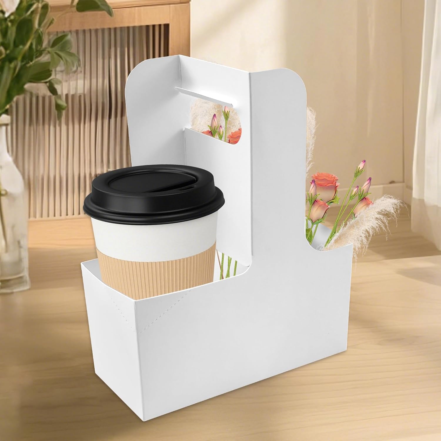 50 Pcs 2 Cup Drink Carrier, Paperboard Coffee Cup Holder for Hot Cold Drinks Coffee, Foldable Tray Drink Caddy Cup Carriers, Food Delivery Accessories for Takeout Restaurant Cafe