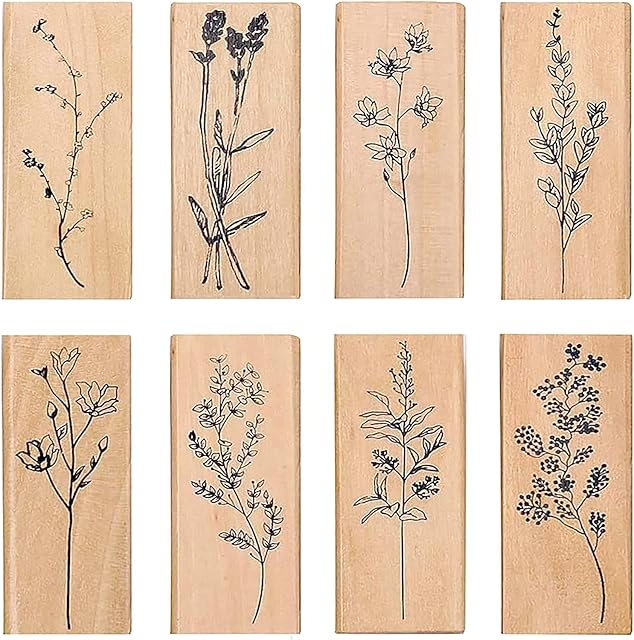 Lychii Wooden Rubber Stamp Set, 8PCS Vintage Rubber Seal with Plant Patterns, Mounted Plant Stamps for DIY, Journals, Daily Planners, Gift Wrapping, Office Party Supplies