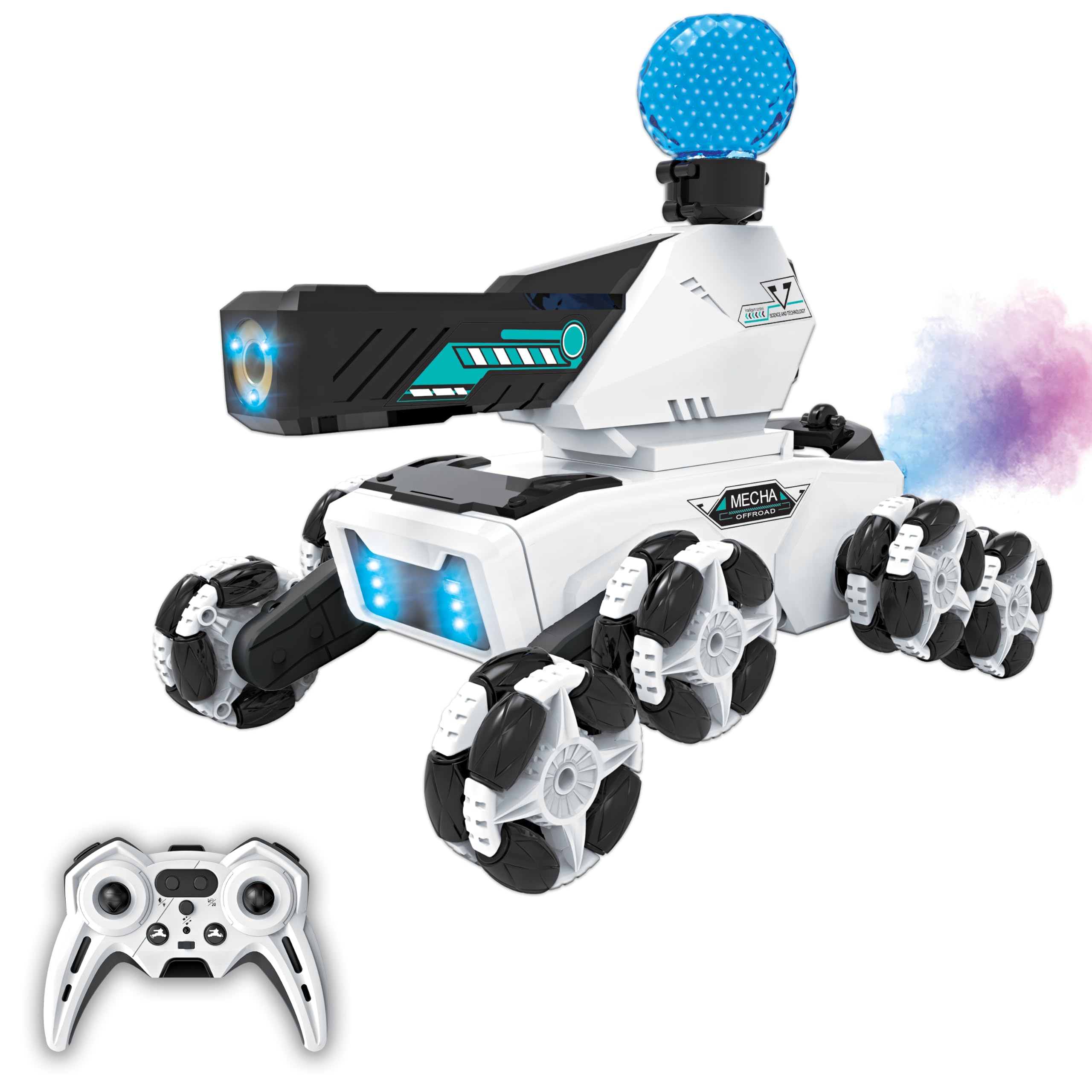 RC Stunt Robot Car for Kids, 8-Wheel Mecha, 360° Drift, LED & Mist (White)