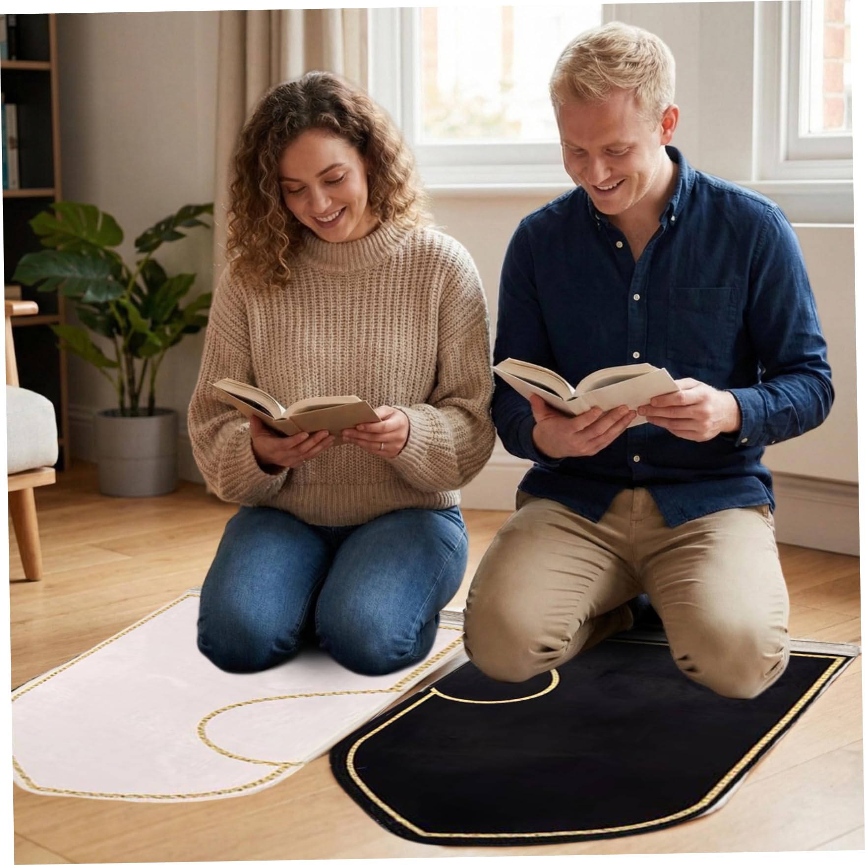 Tapis de prière Musulman, 1 Paire de Tapis prière 43x28 ​​Pouces, Musulman à Motif cœur avec Pompon, Portable, antidérapant, Lavable en Machine, Islamique, épais