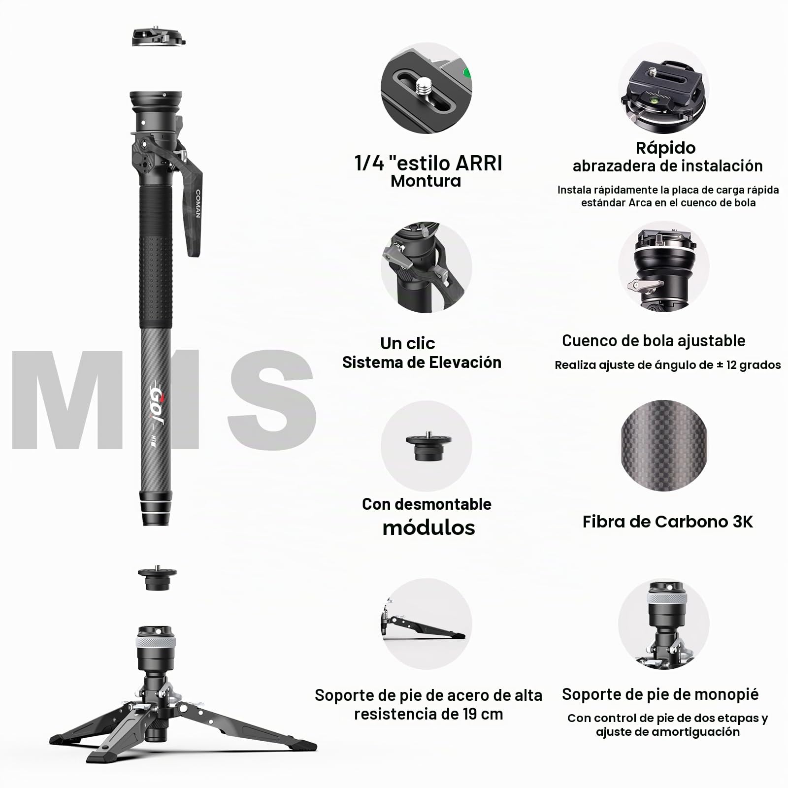 Monopié para cámara, monopié Extensible de Fibra de Carbono con Patas, monopié de Viaje de 65 Pulgadas con rótula esférica de 360°, Sistema de liberación rápida Arca, Carga máxima de 10 kg.