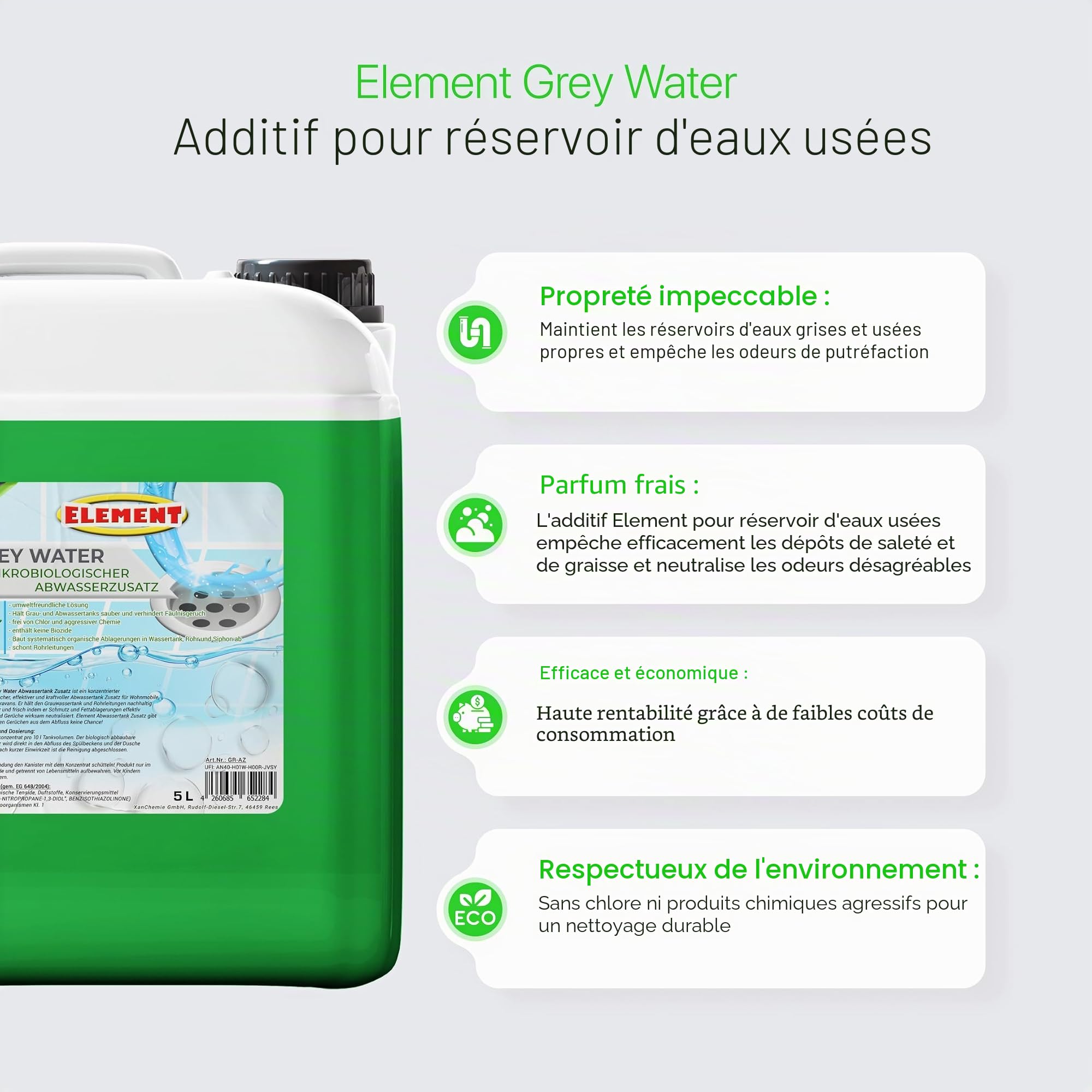 Additif pour réservoir d'eau grise pour camping-car - 5 litres - Concentré - Additif microbiologique pour réservoir d'eau grise - Nettoyant contre les odeurs désagréables - Additif pour réservoir