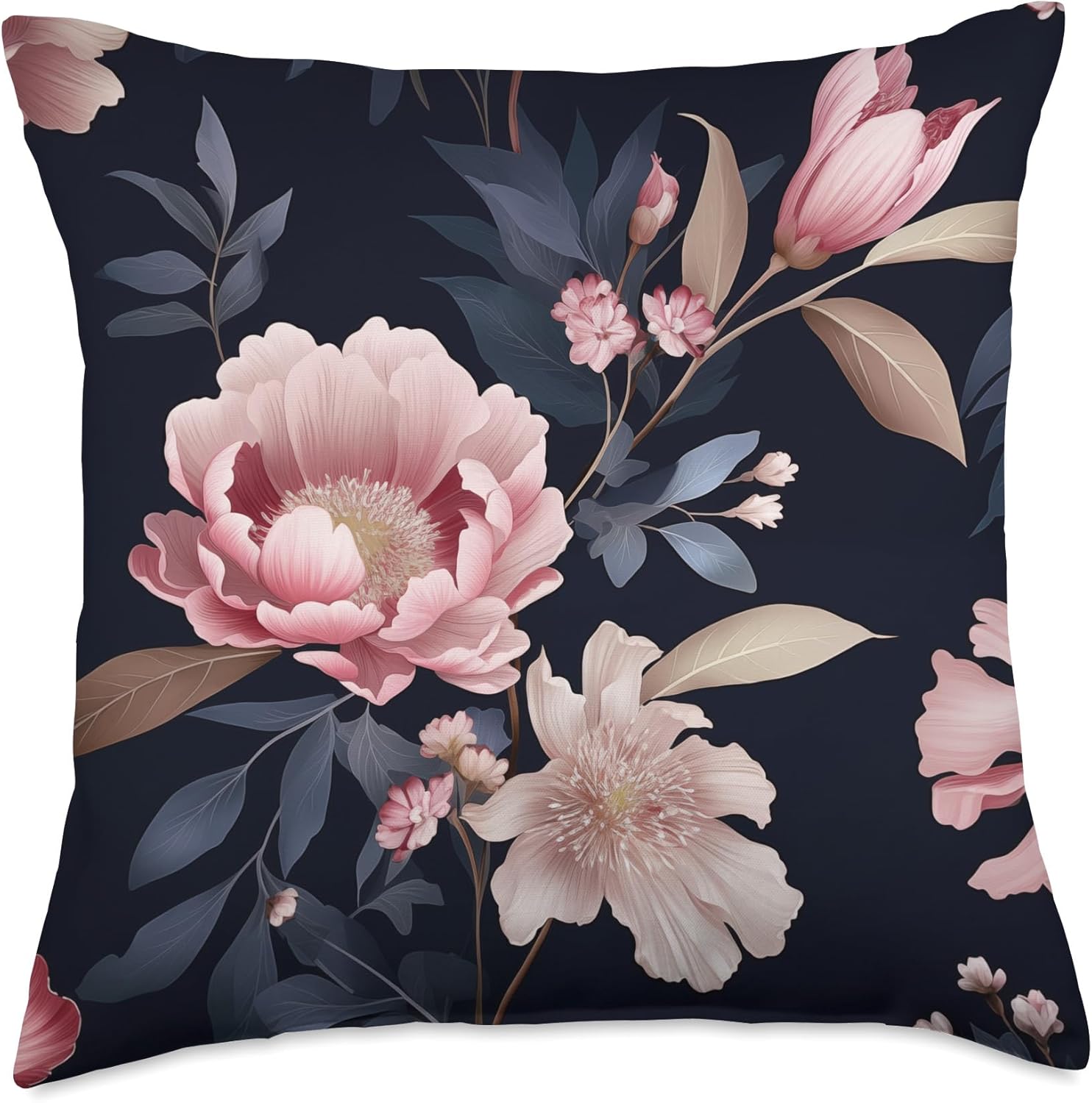Blush Pink and Navy Blue Flower Pattern Elegant Floral Throw Pillow