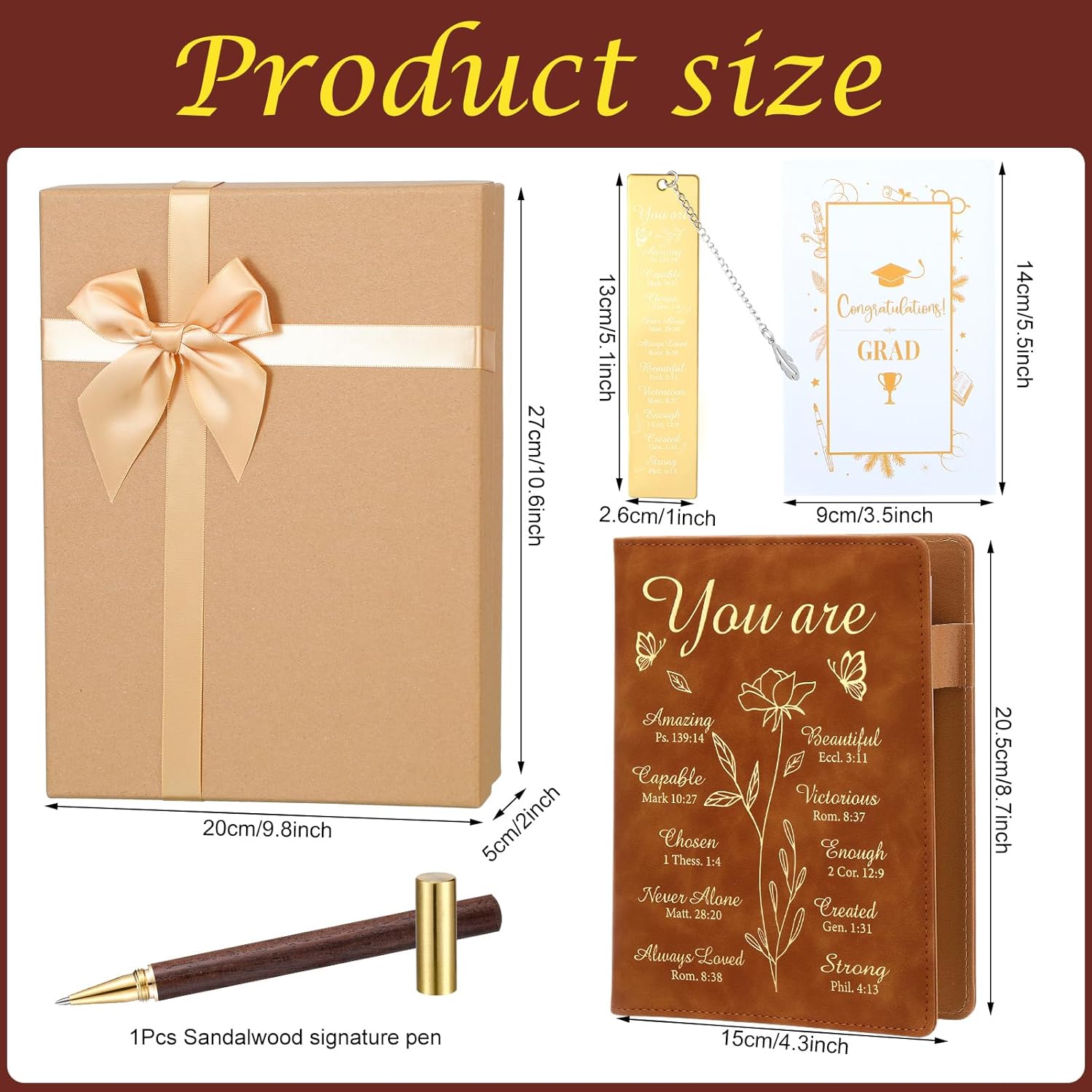 ReliThick 2026 Congrats Grad Gift Basket for Her Him Christian Leather Journal Notebook Metal Bible Bookmark Signature Pen Graduation Card for Class of 2026 Congratulations Gift(Kraft Box,You Are)