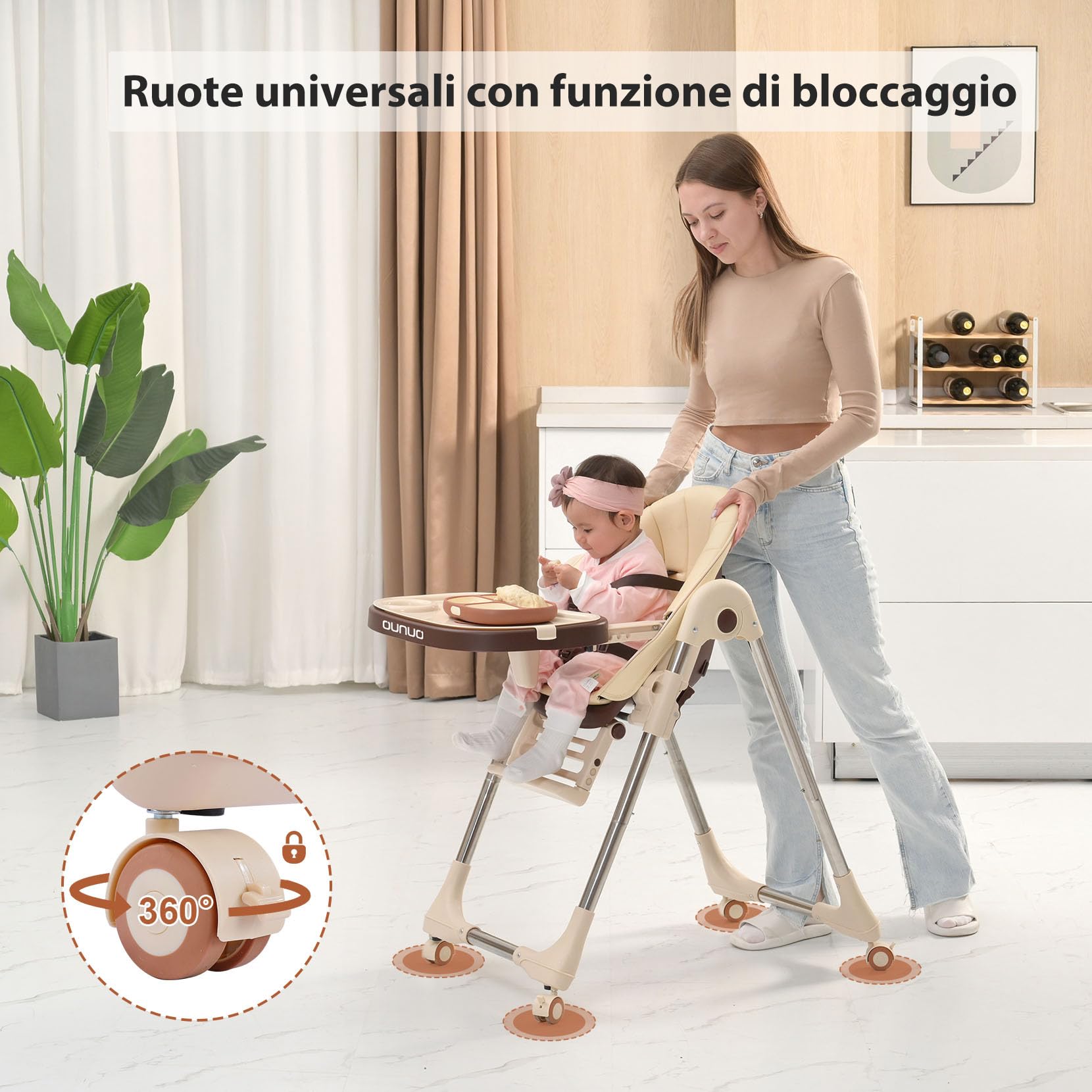OUNUO Seggiolone Pappa, Seggiolino da Tavolo Pieghevole, Seggioline per bambini da 6 Mesi fino a 6 anni, Piatto da Cena Smontabile, Pedale e Schienale Regolabili in Altezza (Beige)