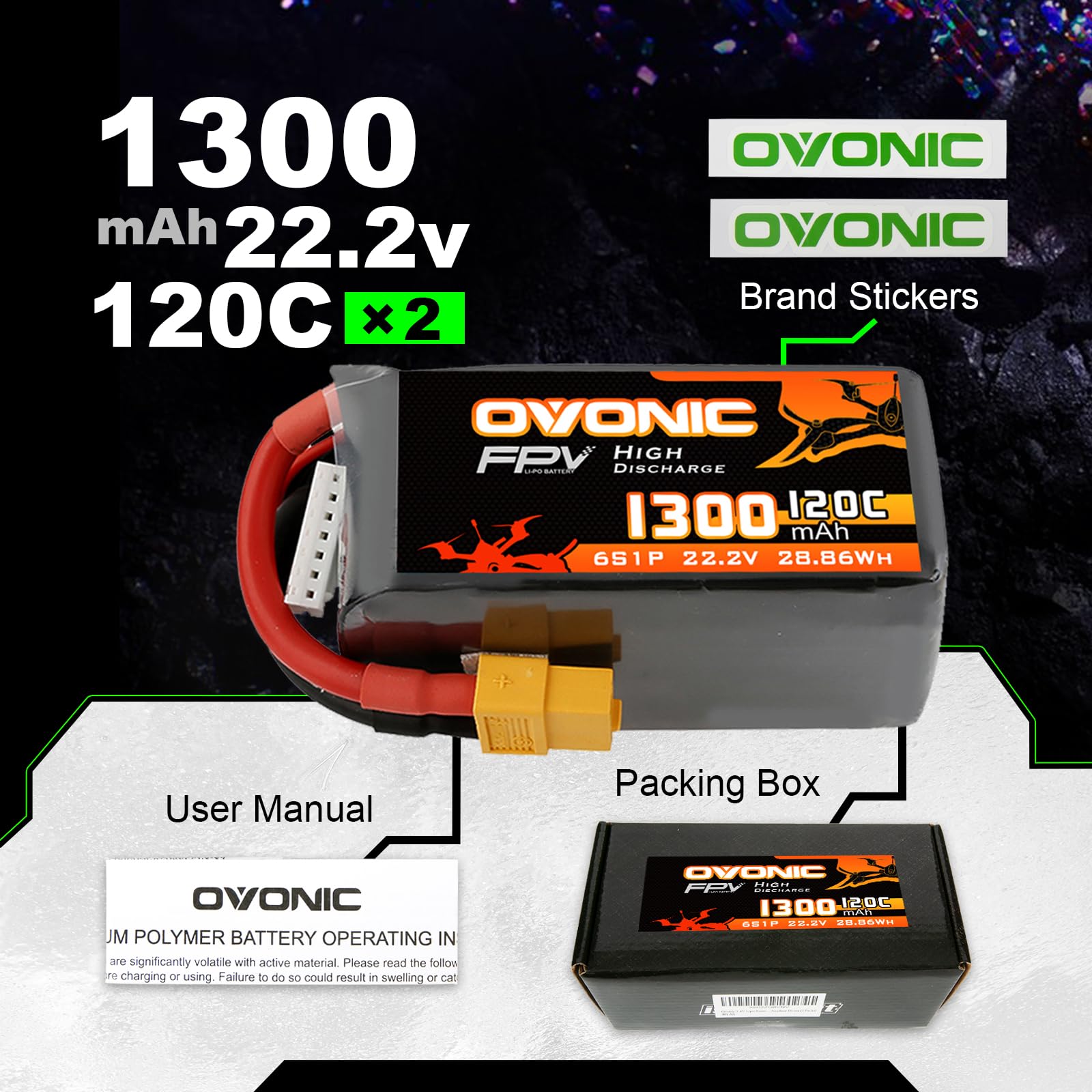 OVONIC Batería de polímero de litio para helicóptero teledirigido FPV, avión, Quadcopter, Hobby Racing, 6S, 1300 mAh, 22,2 V, 120 C, con conector XT60