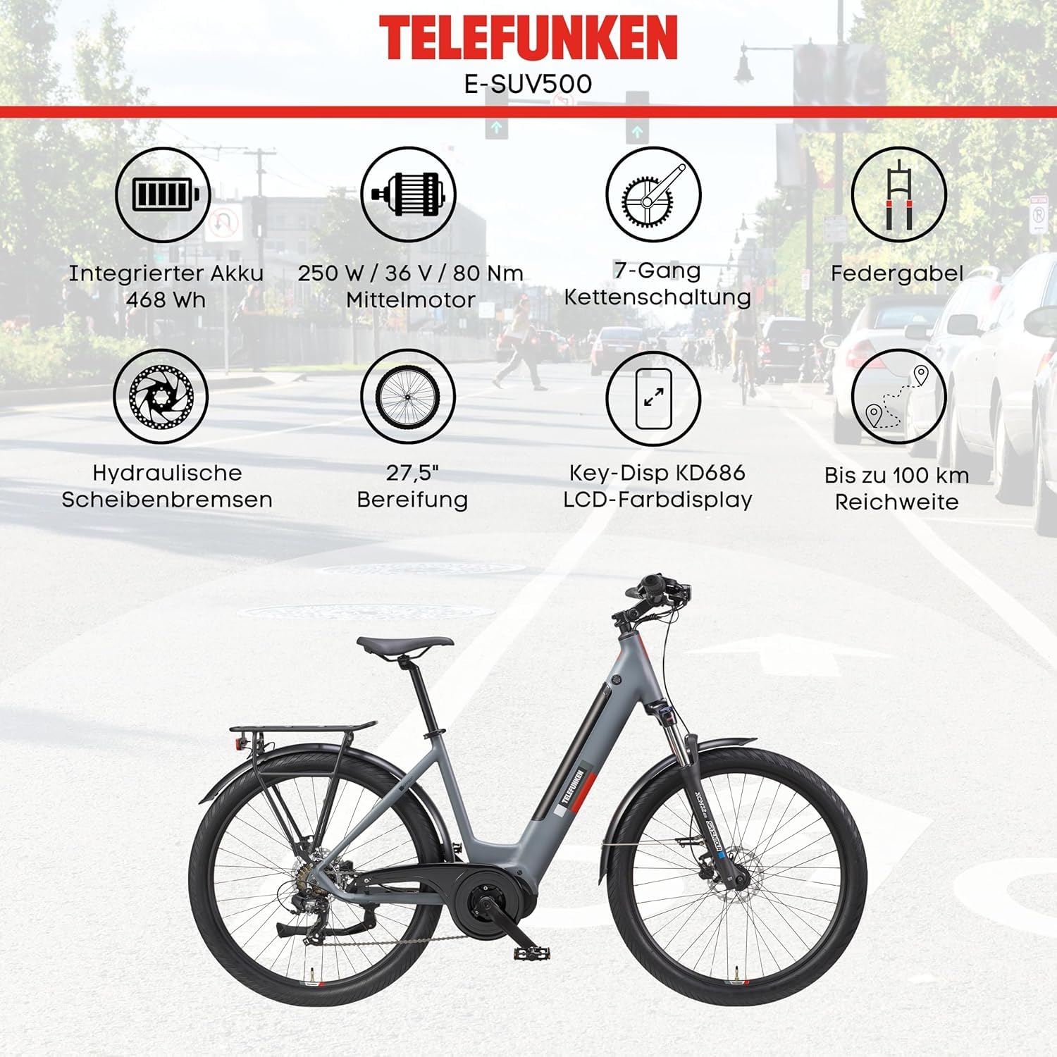 TELEFUNKEN Bicicletta elettrica da donna da 27,5 pollici con motore | Batteria agli ioni di litio da 468 Wh, cambio Shimano a 7 marce, portata 100 km, bicicletta elettrica con freni a disco