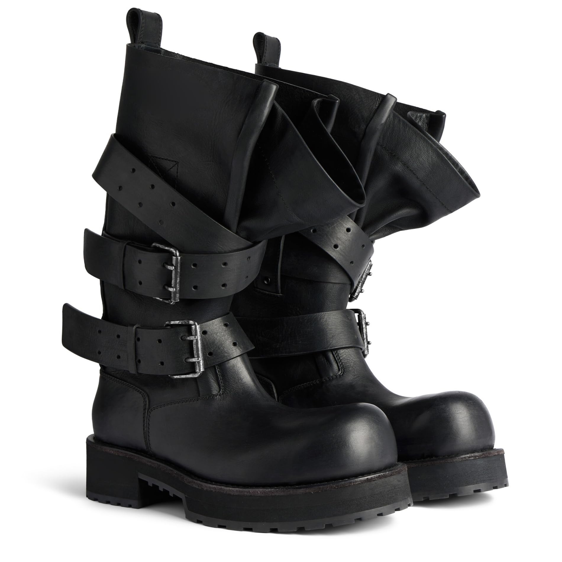 Black Womens Knee High Boots Wide Calf Slouch Buckle Biker Boots for Women Round Toe Mid Calf Platform