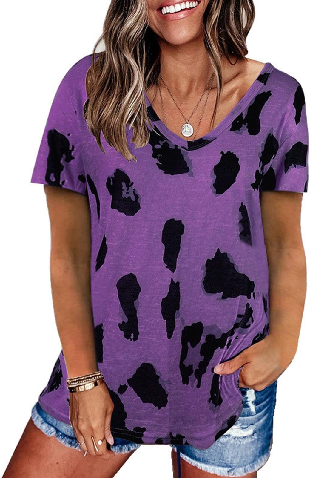 NAKEAHWomen's Leopard Print TShirt Fashion Casual Loose VNeck Short Sleeve TShirt purple M